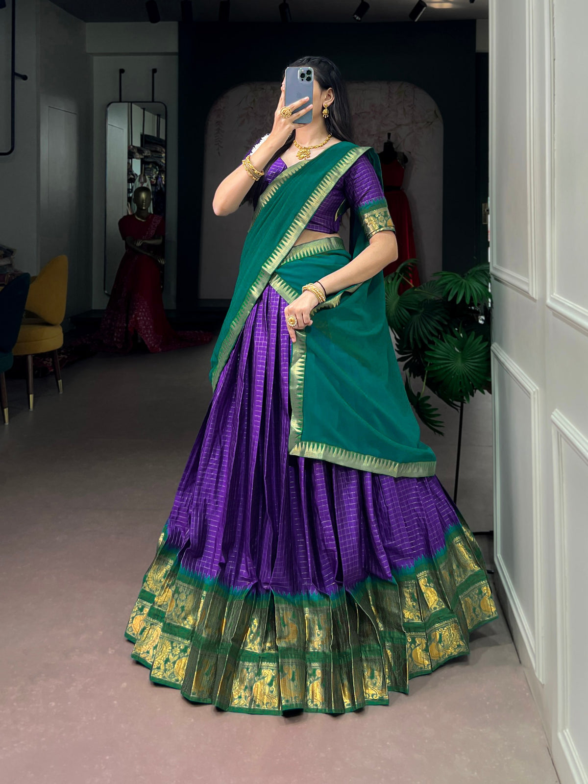 Purple Pure Poly Cotton Chexs with Rich Zari Weaving Work South Indian Lehenga Choli