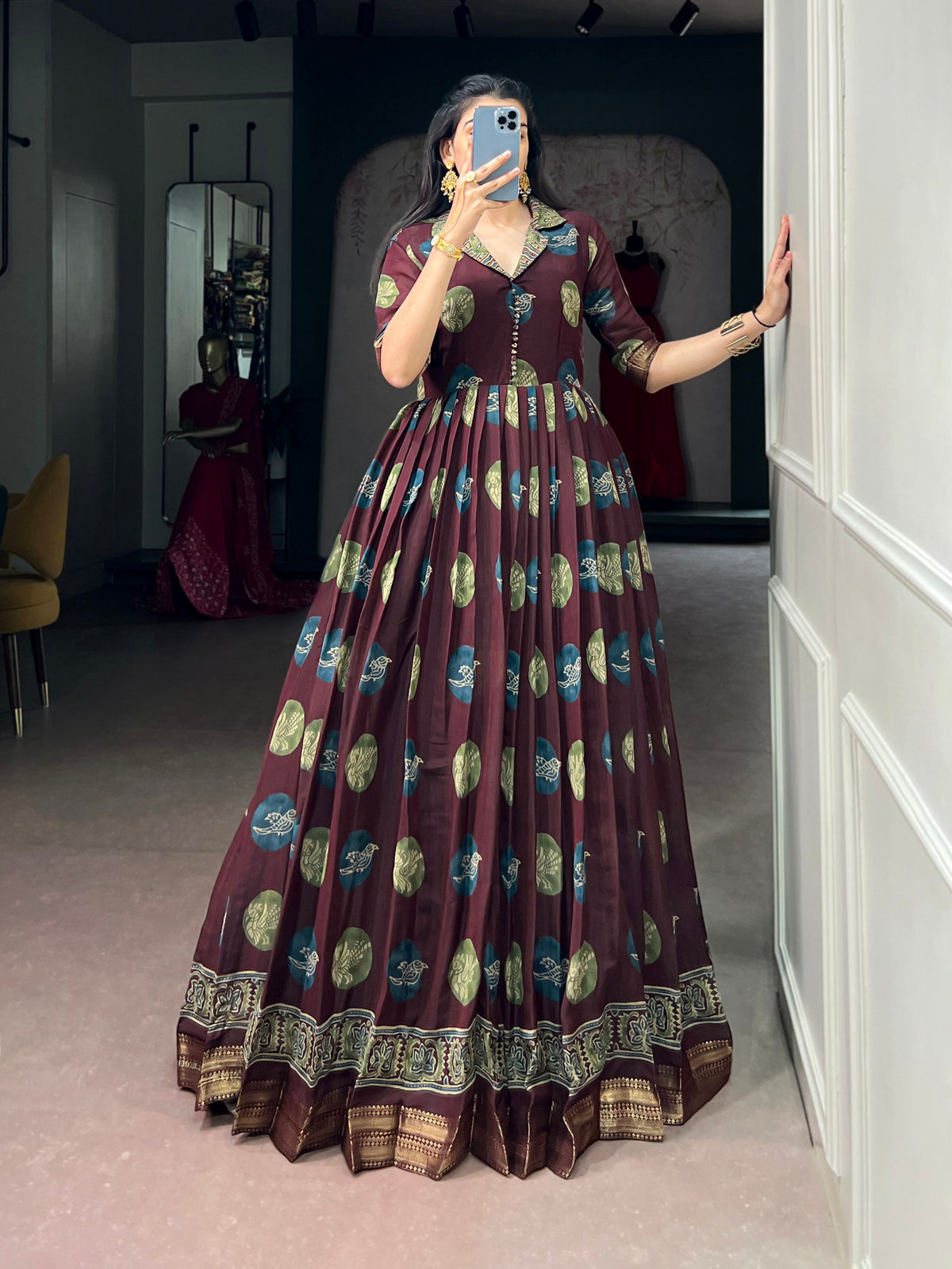 Maroon Pure P.V. Chanderi Silk Artistic Printed Anarkali Gown