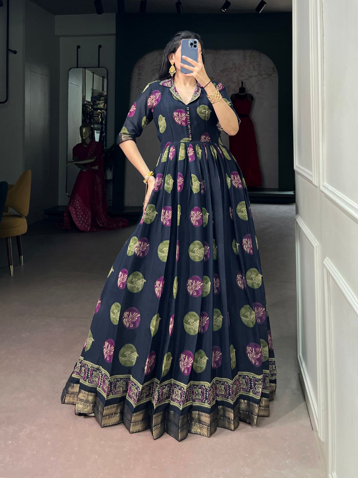 Navy Pure P.V. Chanderi Silk Artistic Printed Anarkali Gown