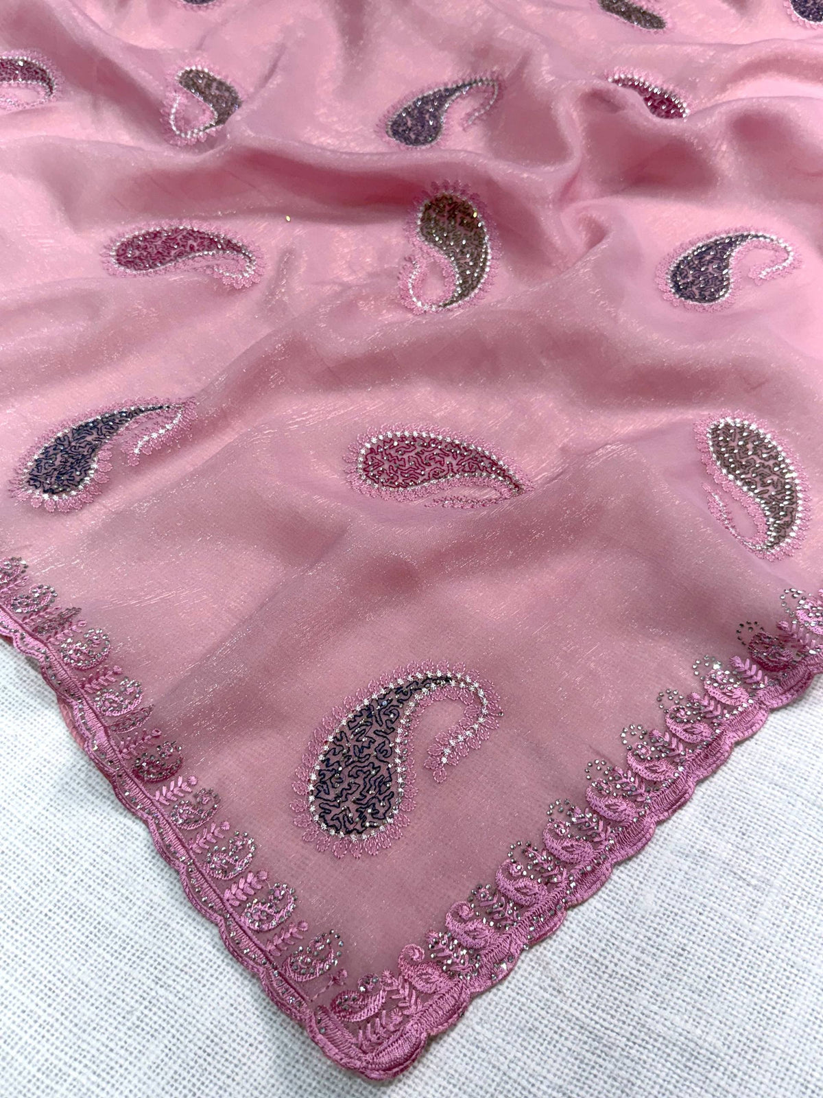 Pink Pure Soft Melborne Simmer Silk Multy Thread Kashmiri Pattern Embroidered Work Saree