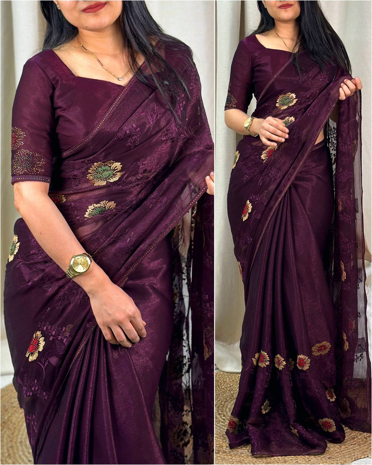 Purple Pure Sitara Chiffon Thread Embroidered Work Chiffon Saree