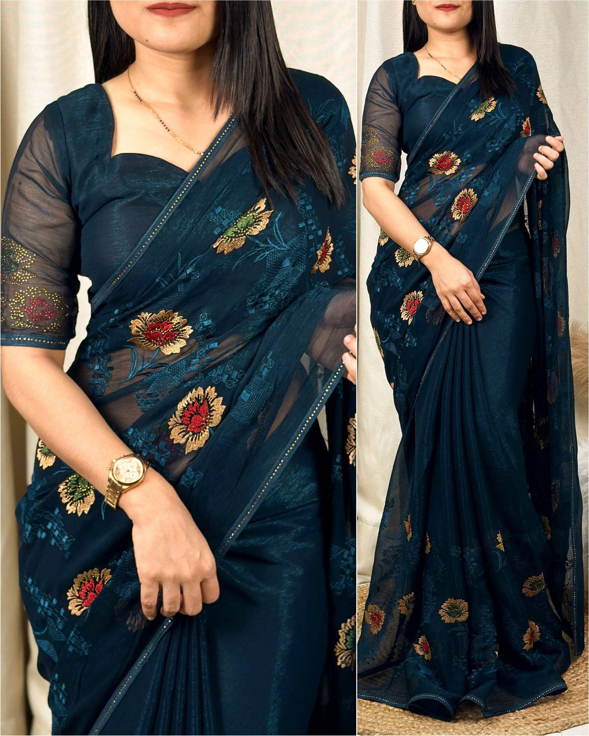 Blue Pure Sitara Chiffon Thread Embroidered Work Chiffon Saree
