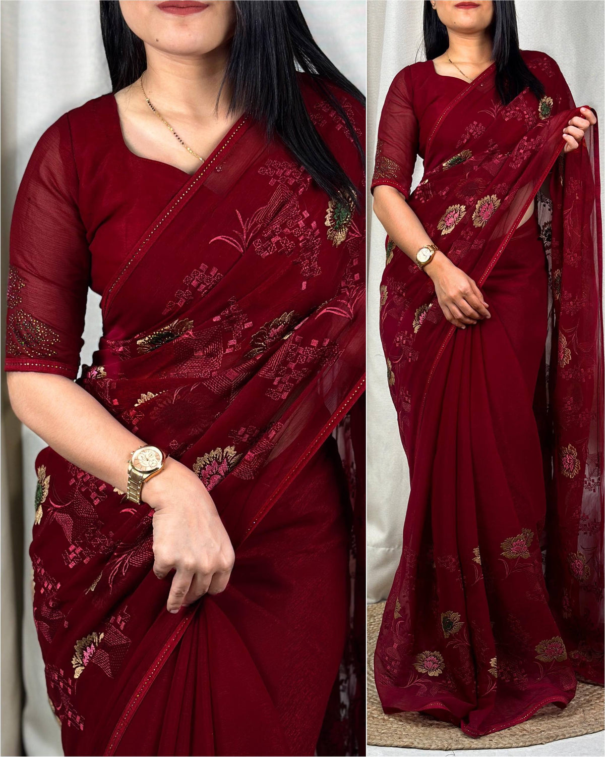 Red Pure Sitara Chiffon Thread Embroidered Work Chiffon Saree