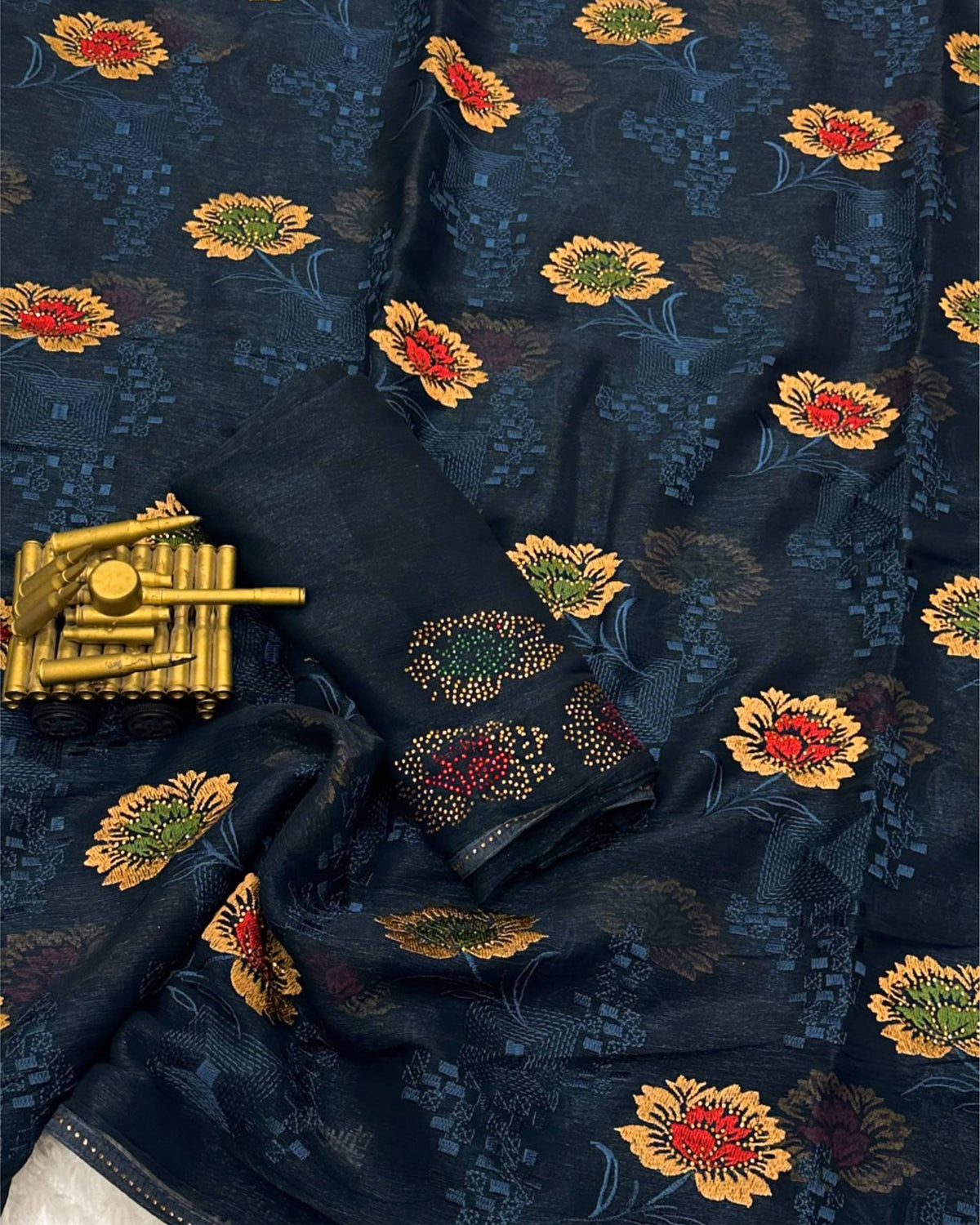 Blue Pure Sitara Chiffon Thread Embroidered Work Chiffon Saree