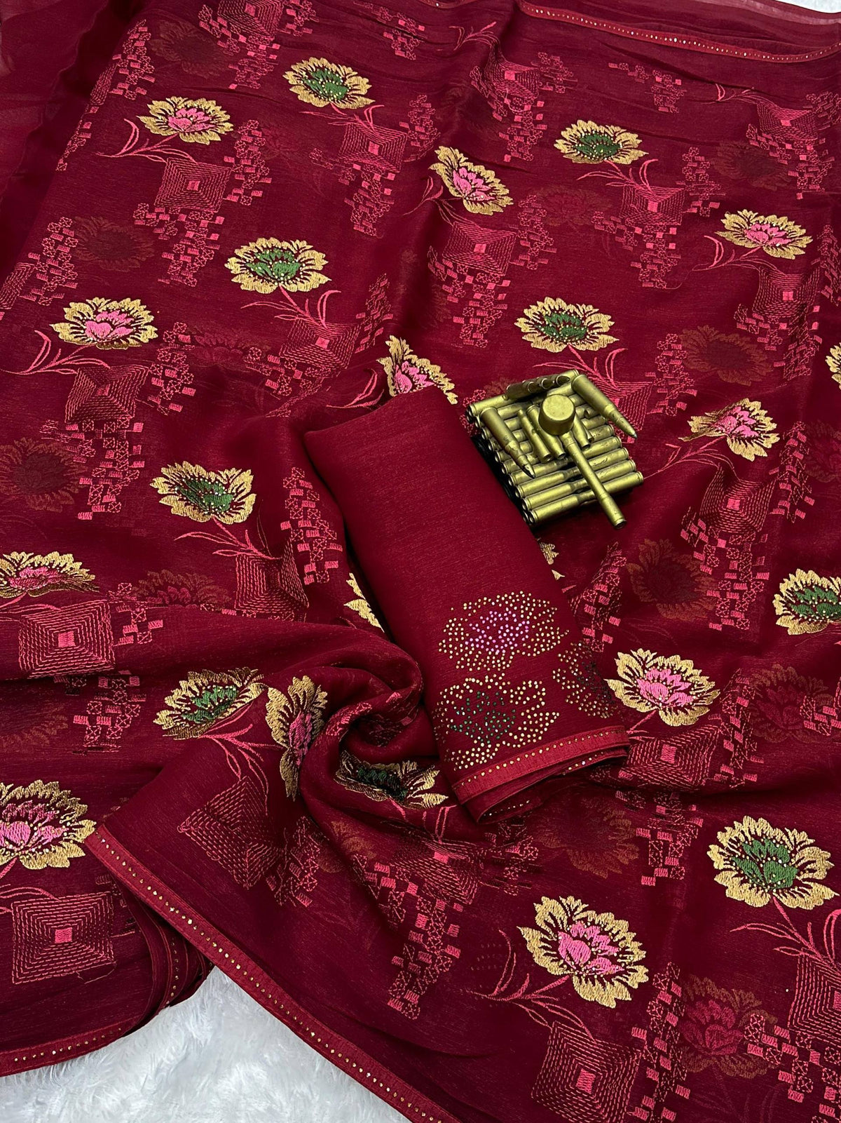 Red Pure Sitara Chiffon Thread Embroidered Work Chiffon Saree