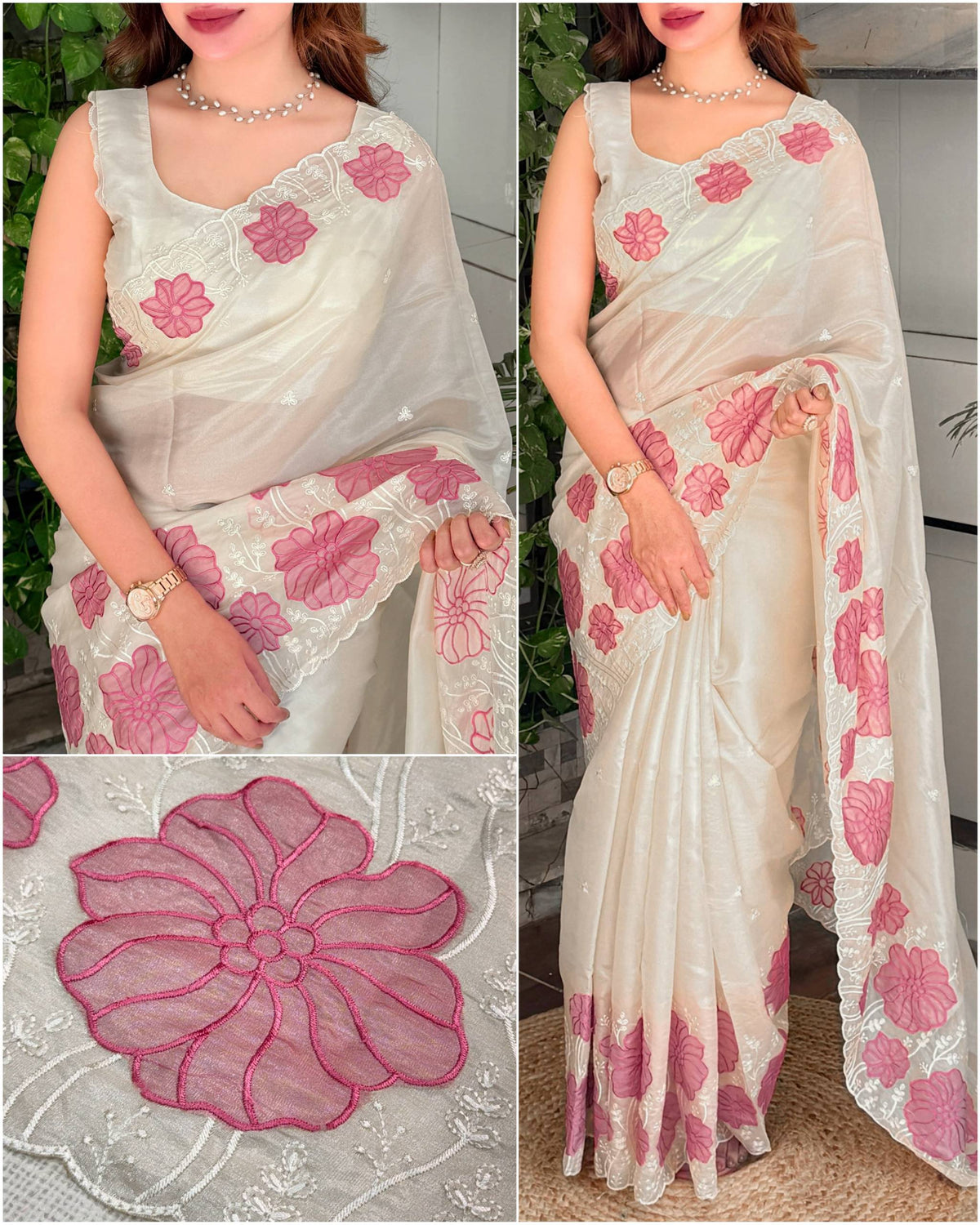 Off White & Pink Pure Soft Rasberry Silk Thread Embroidered Work Saree