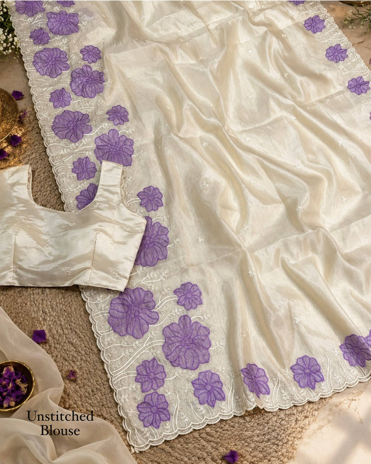 Off White & Purple Pure Soft Rasberry Silk Thread Embroidered Work Saree