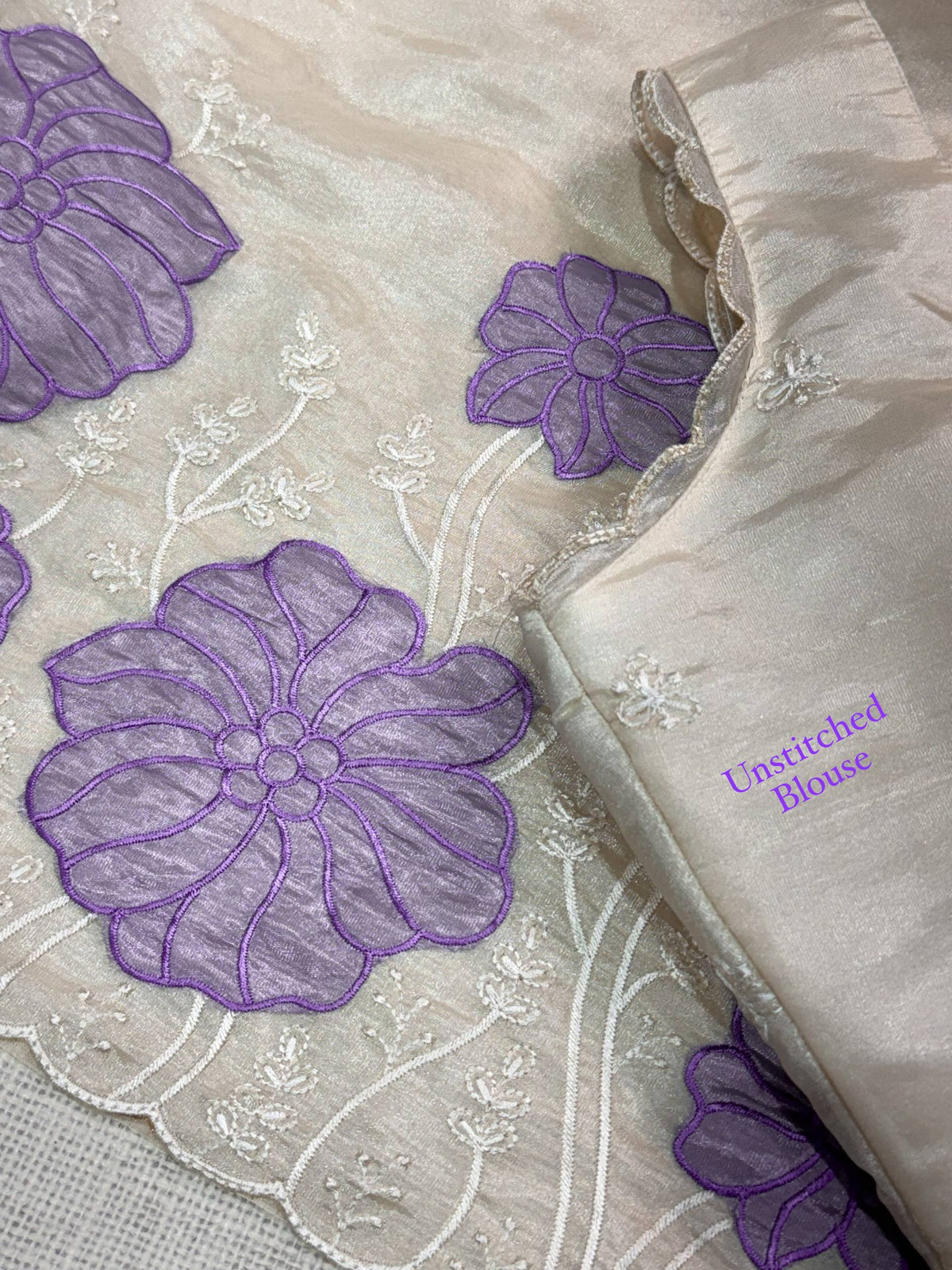 Off White & Purple Pure Soft Rasberry Silk Thread Embroidered Work Saree