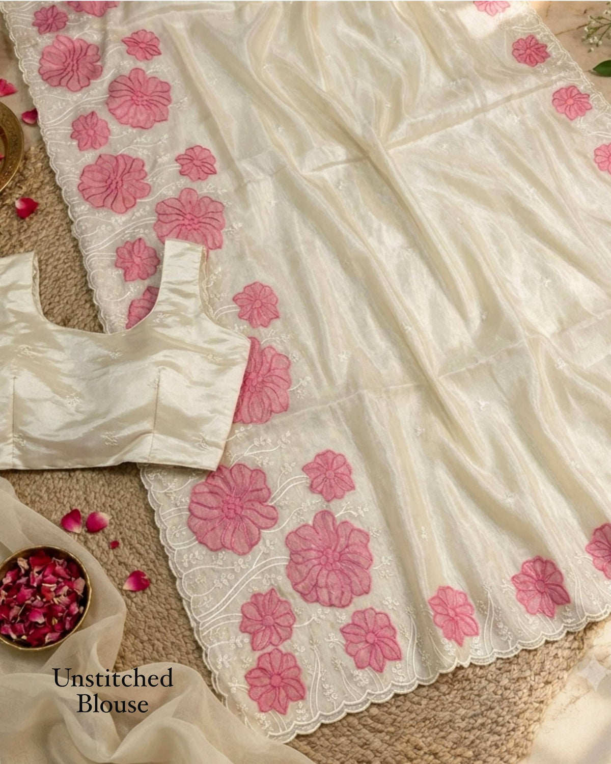 Off White & Pink Pure Soft Rasberry Silk Thread Embroidered Work Saree