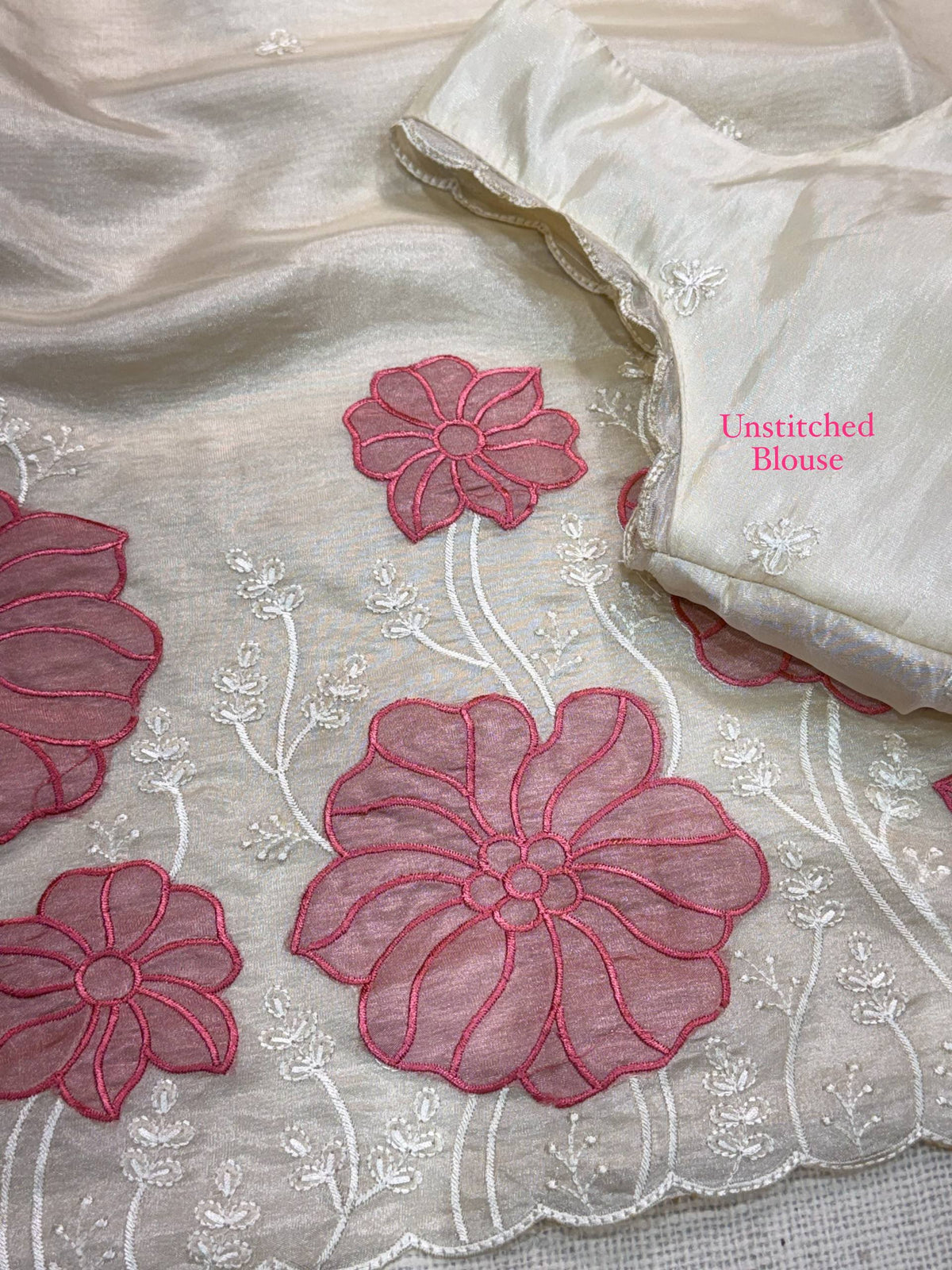 Off White & Pink Pure Soft Rasberry Silk Thread Embroidered Work Saree