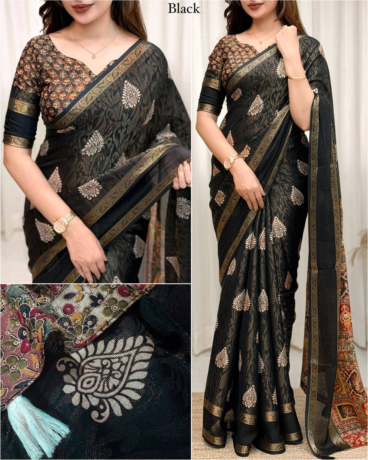 Black Soft Cotton Jacquard Batik Print Cotton Saree