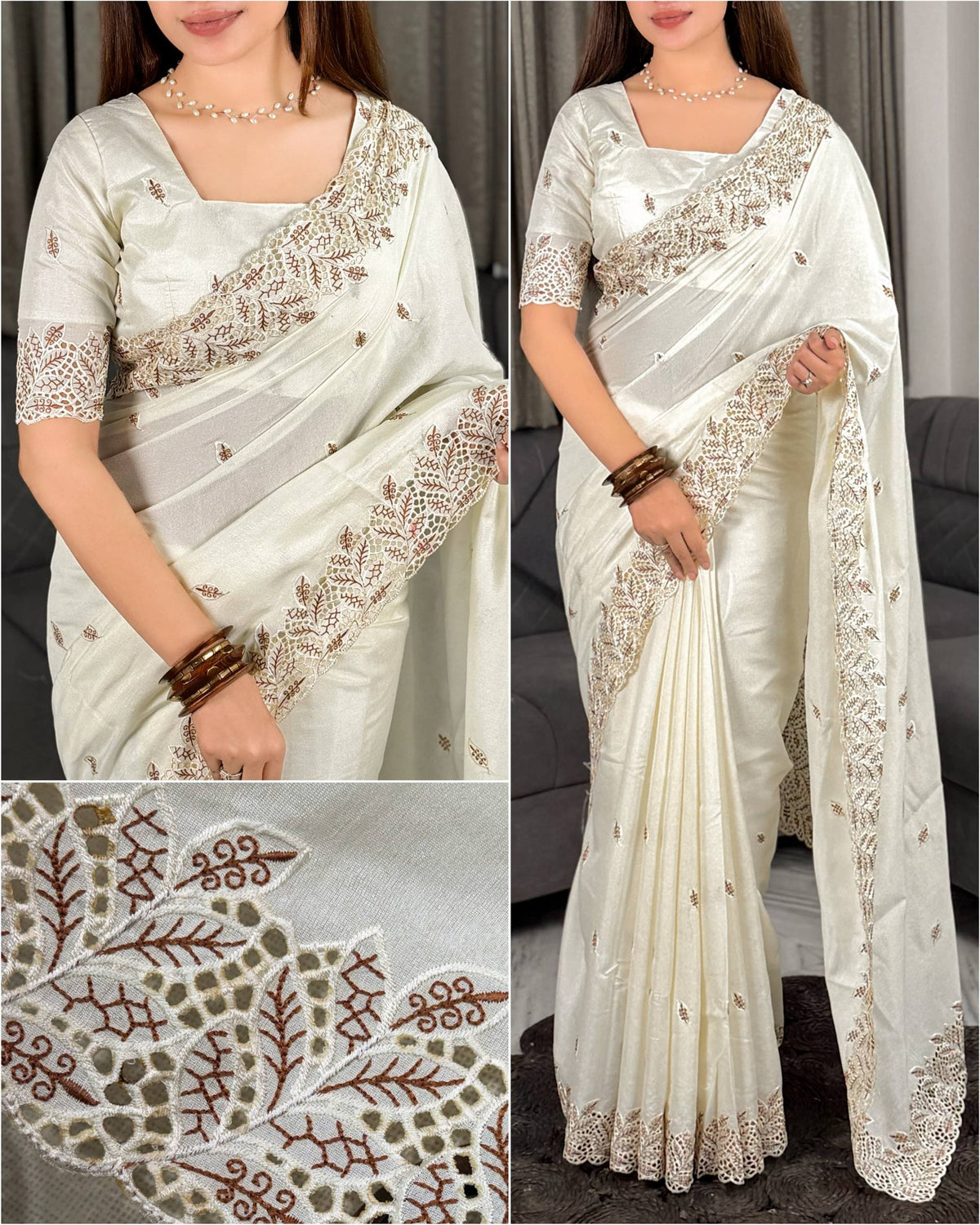 White Soft Cotton Thread Embroidery Work Saree