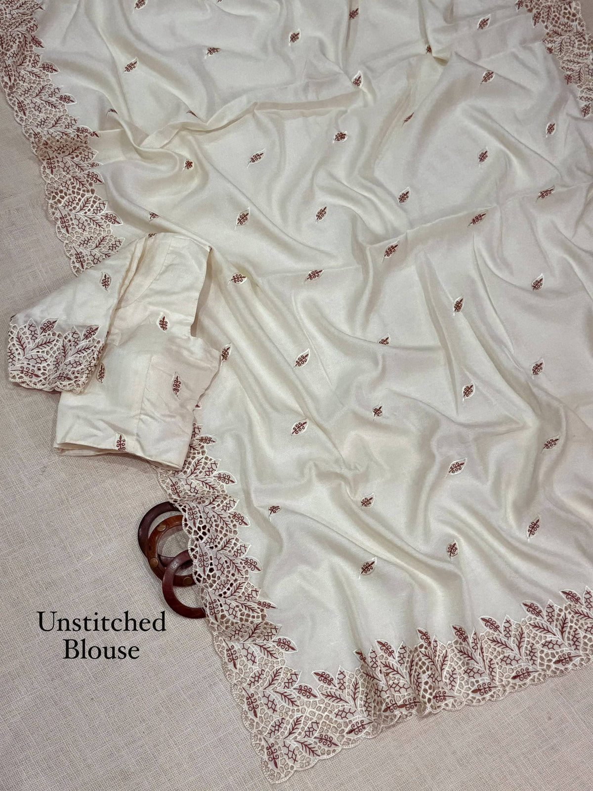 White Soft Cotton Thread Embroidery Work Saree