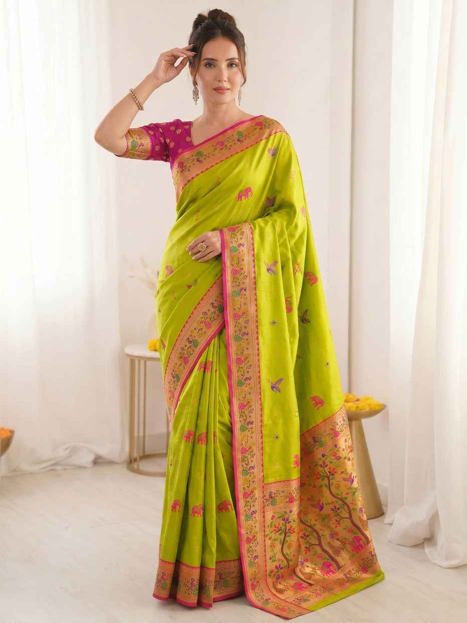 Mehendi Pure Soft Tissue Paithani Meenakari Pallu Peacock Border Soft Silk Saree