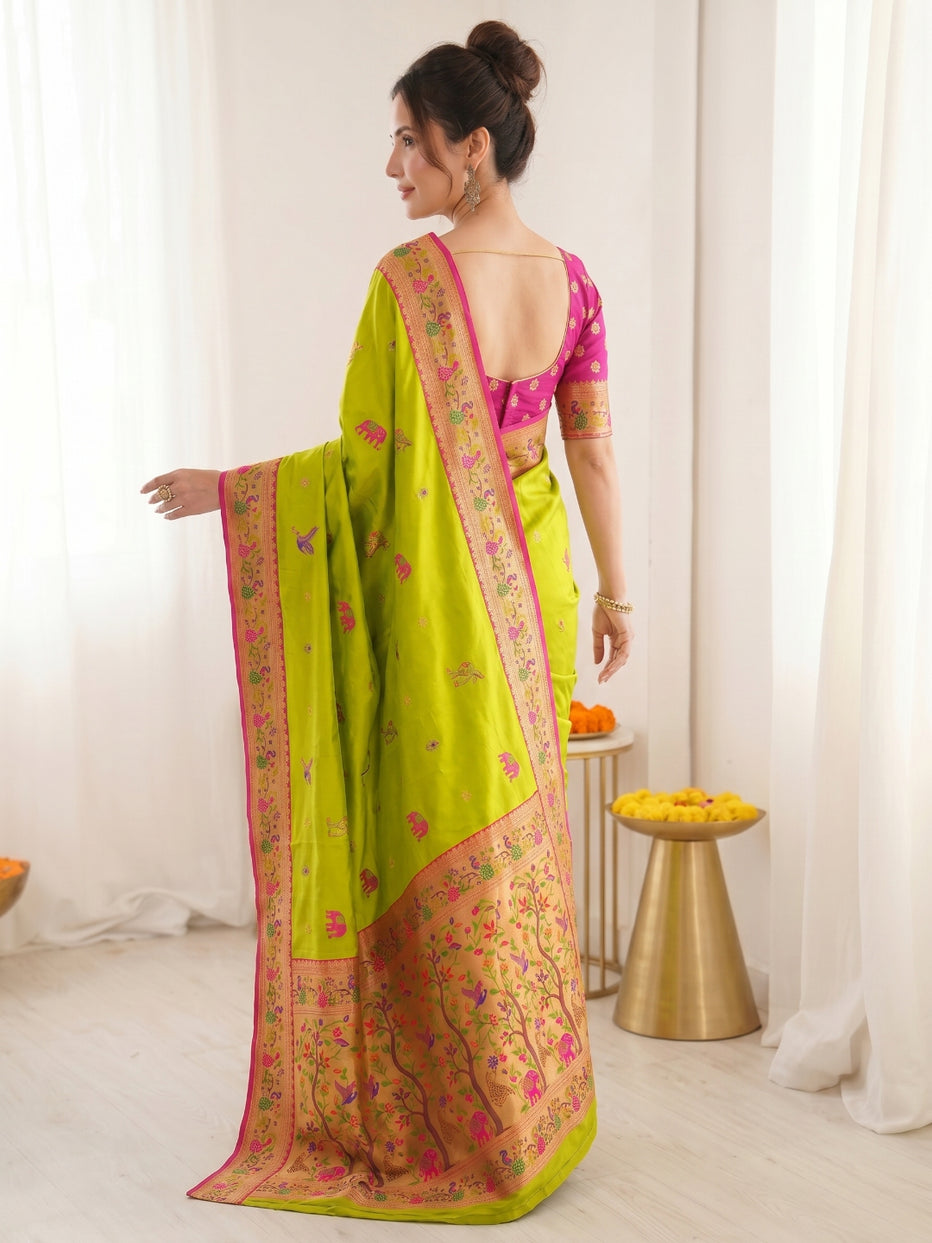 Mehendi Pure Soft Tissue Paithani Meenakari Pallu Peacock Border Soft Silk Saree