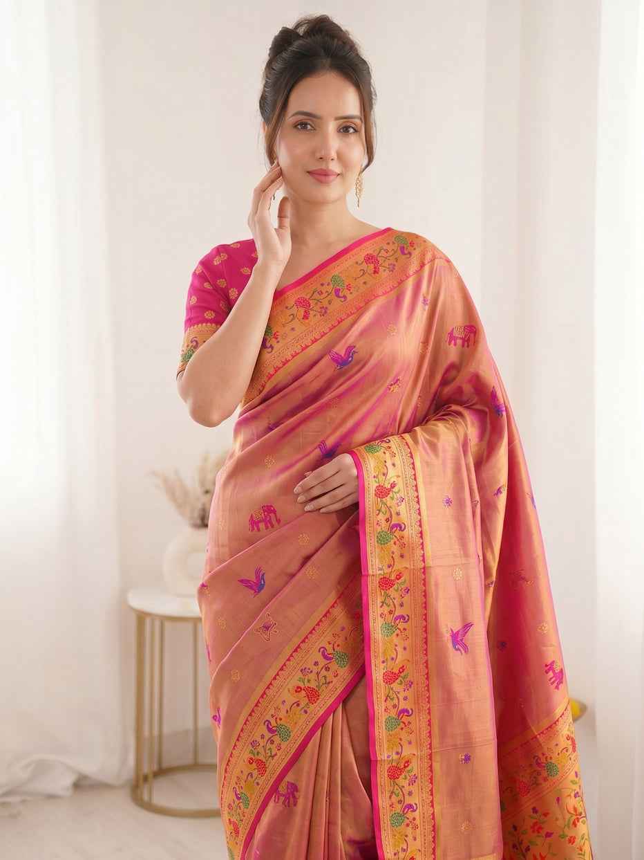 Pink Pure Soft Tissue Paithani Meenakari Pallu Peacock Border Soft Silk Saree