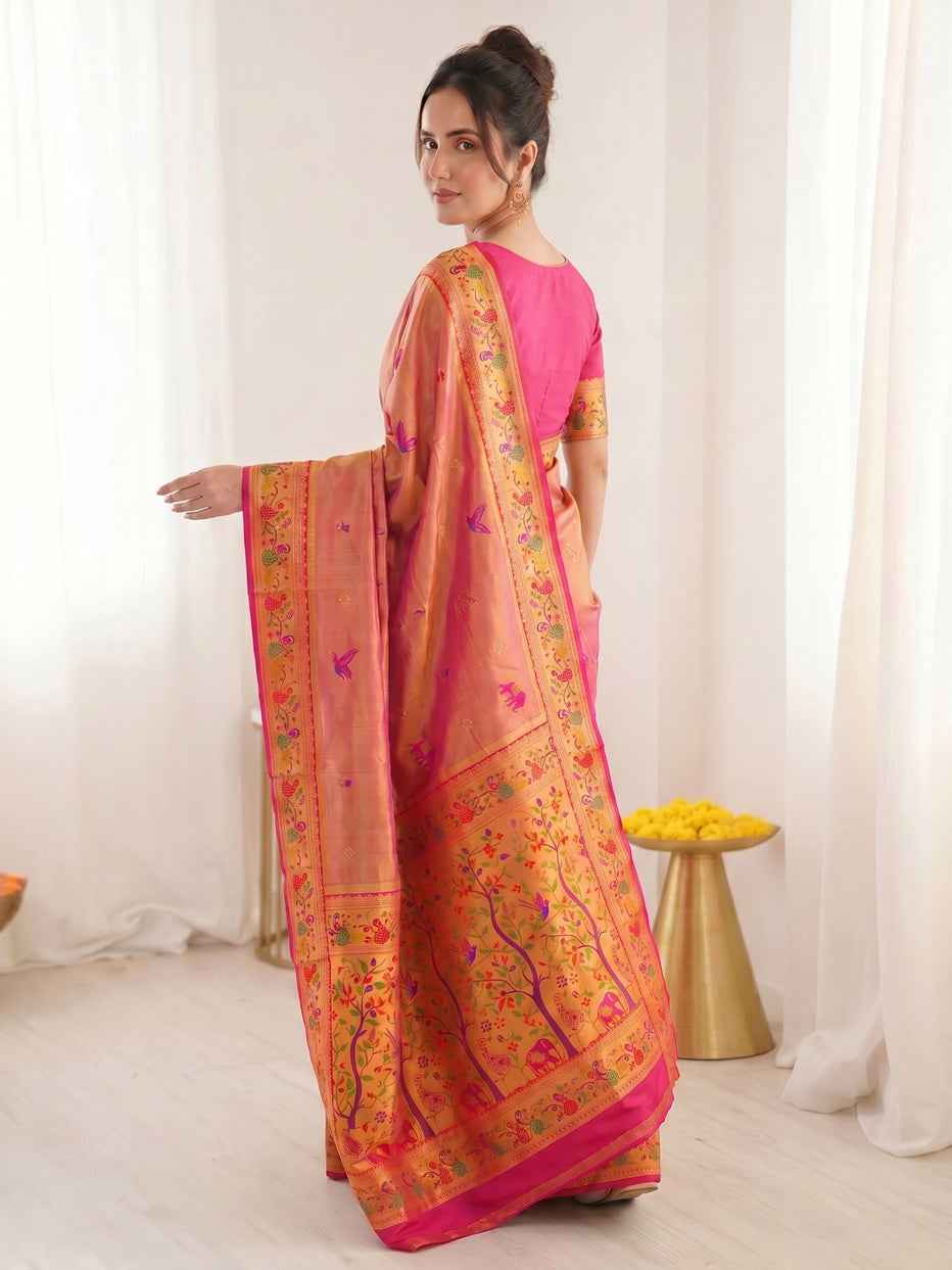 Pink Pure Soft Tissue Paithani Meenakari Pallu Peacock Border Soft Silk Saree