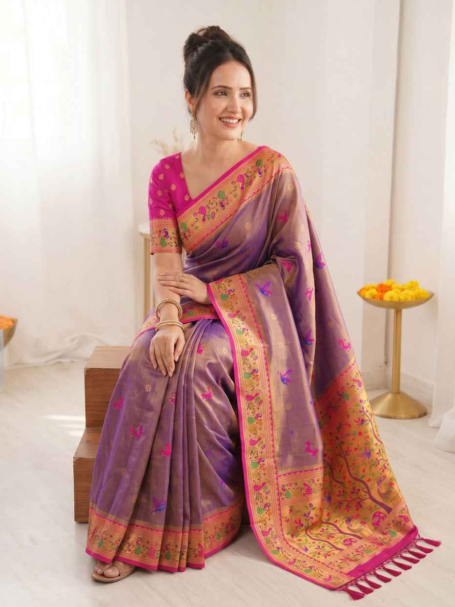Violet Pure Soft Tissue Paithani Meenakari Pallu Peacock Border Soft Silk Saree
