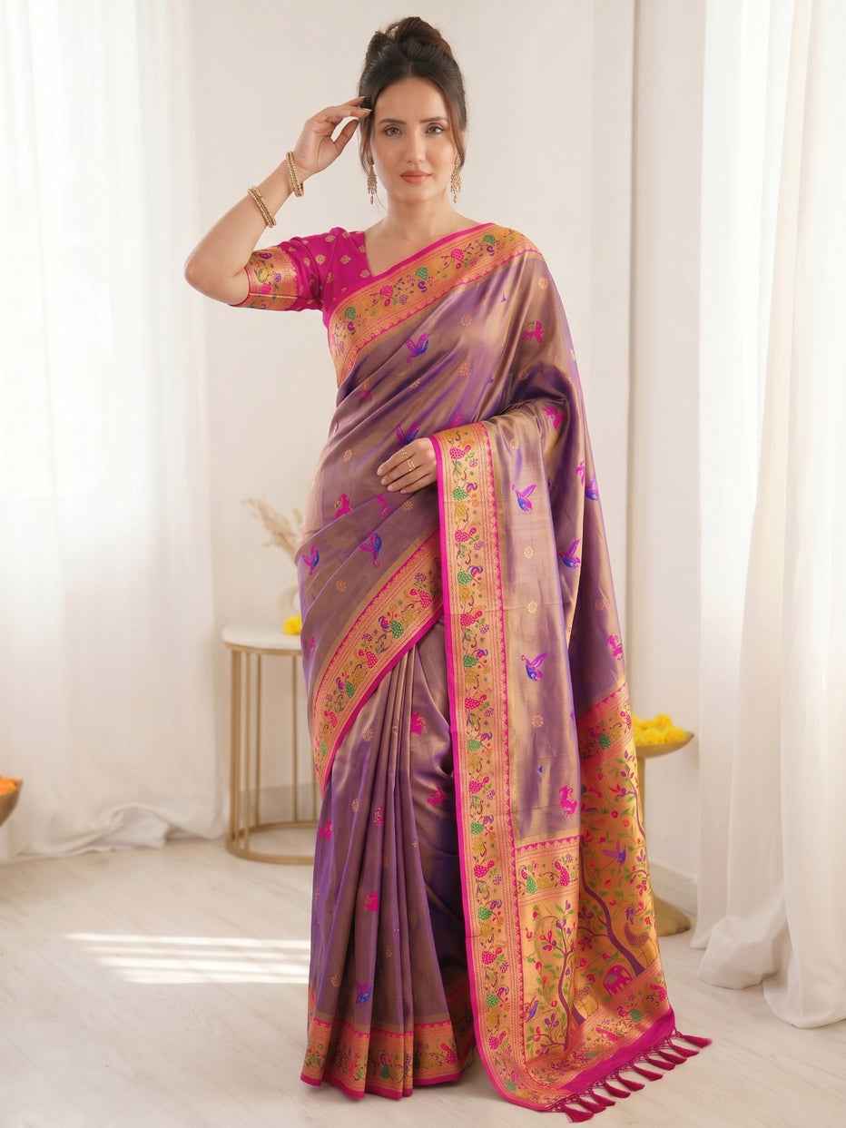 Violet Pure Soft Tissue Paithani Meenakari Pallu Peacock Border Soft Silk Saree