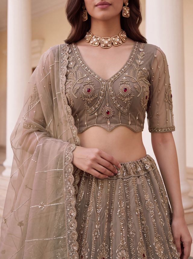 Beige Coppe Pure Fendi Tussaud Silk Crystal Beads work Multi Thread Dori and Sequins Work Sequins Work Bridal Lehenga Choli