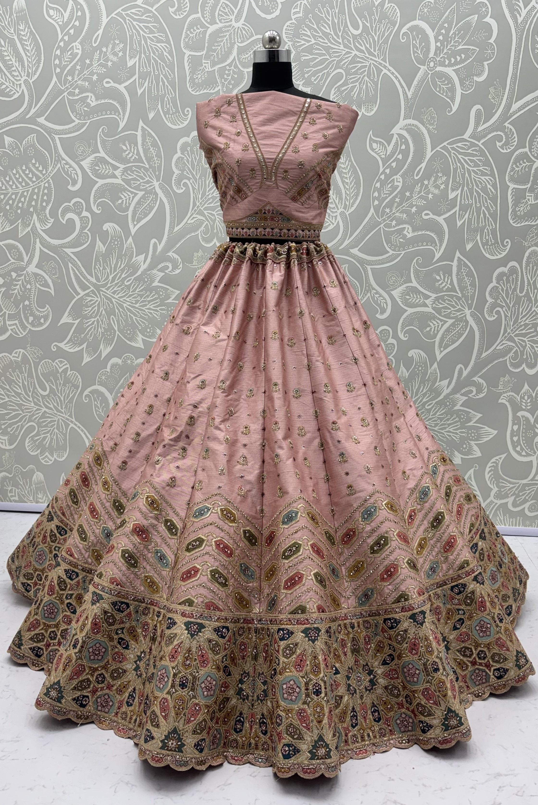Pink Pure Slubb Silk Premium Dori Embroidery Sequins & Diamond Work Bridal Lehenga Choli