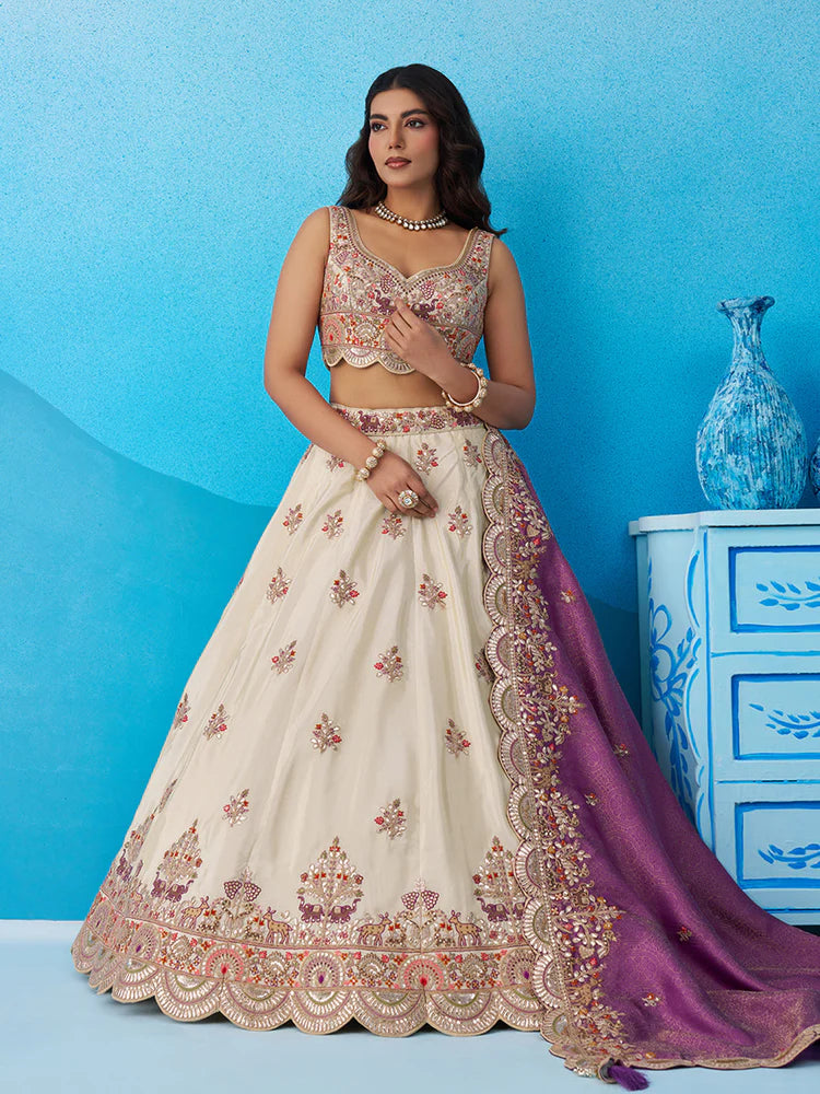 Cream & Purple Lehenga Choli with Jacquard Dupatta