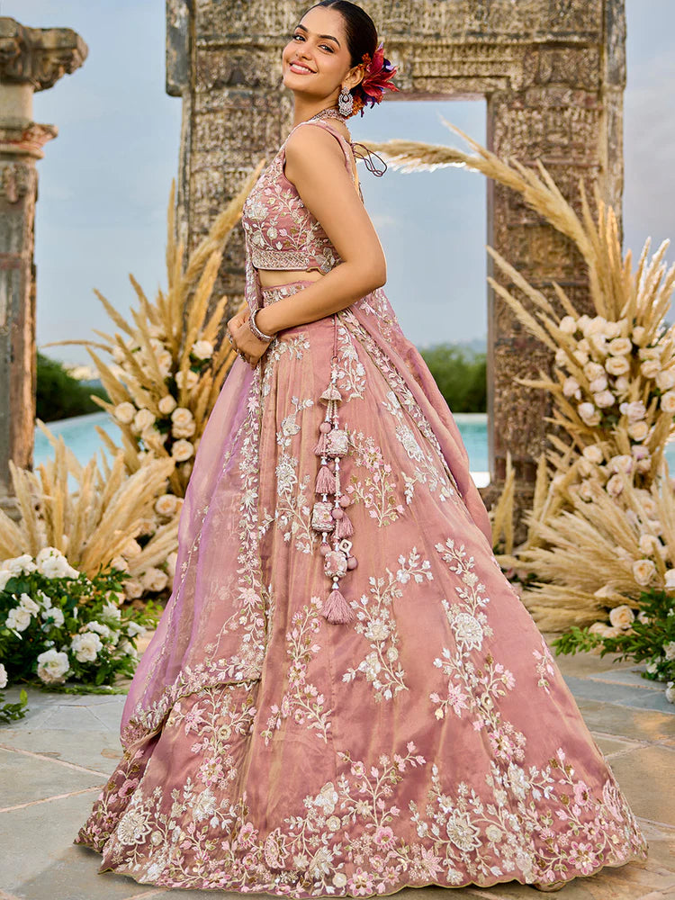 Dusty Pink Tissue Lehenga Choli with Sequins Embroidery