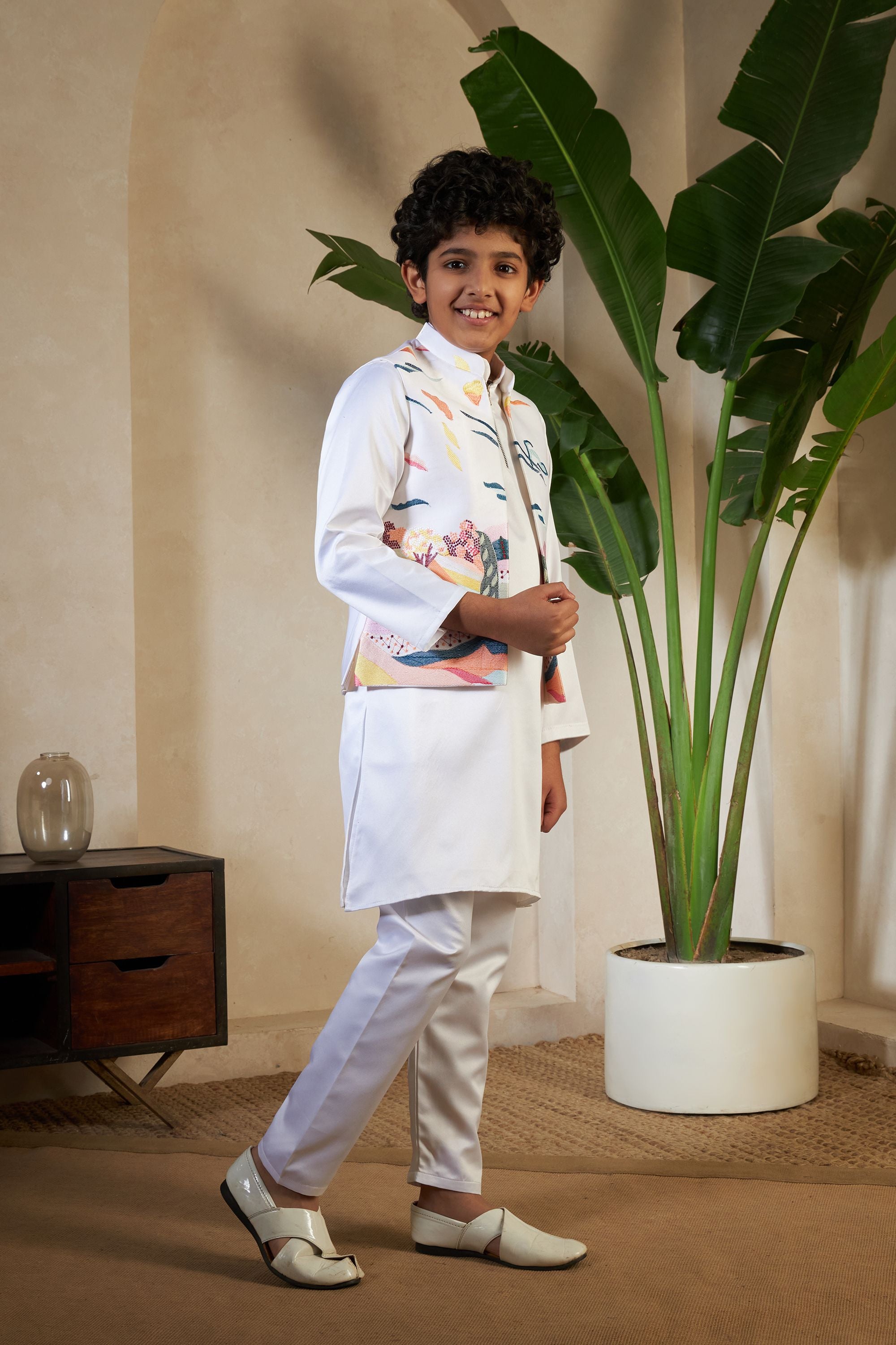 White Pure Satin Silk Kids Boy Kurta Pajama With Koti Jacket