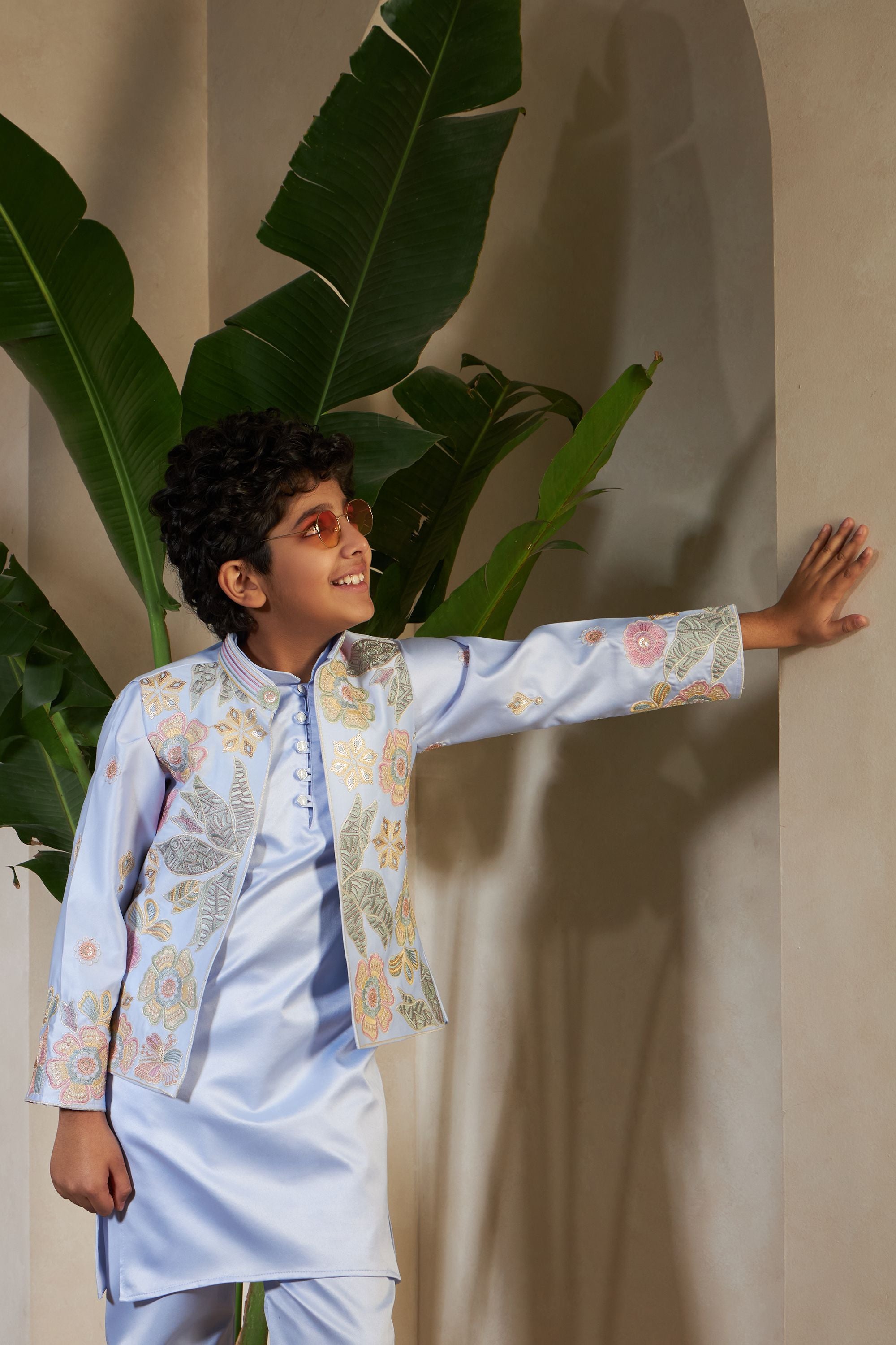 Sky Pure Satin Silk Kids Boy Kurta Pajama With Koti Jacket