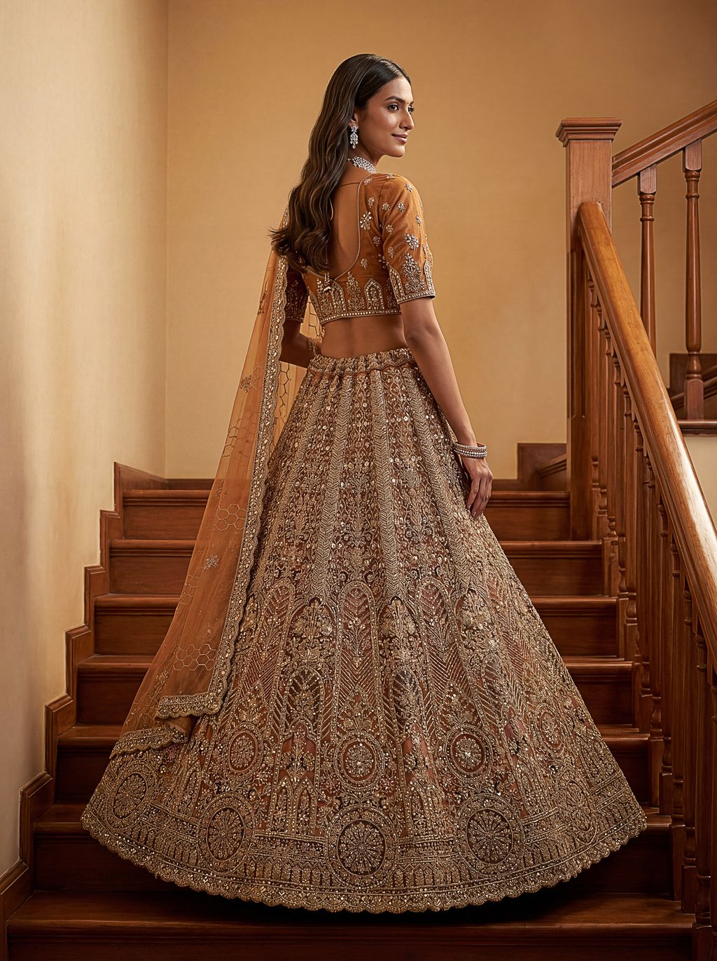 Orange Pure Soft Heavy Net Sequins Embroidery Work Bridal Lehenga