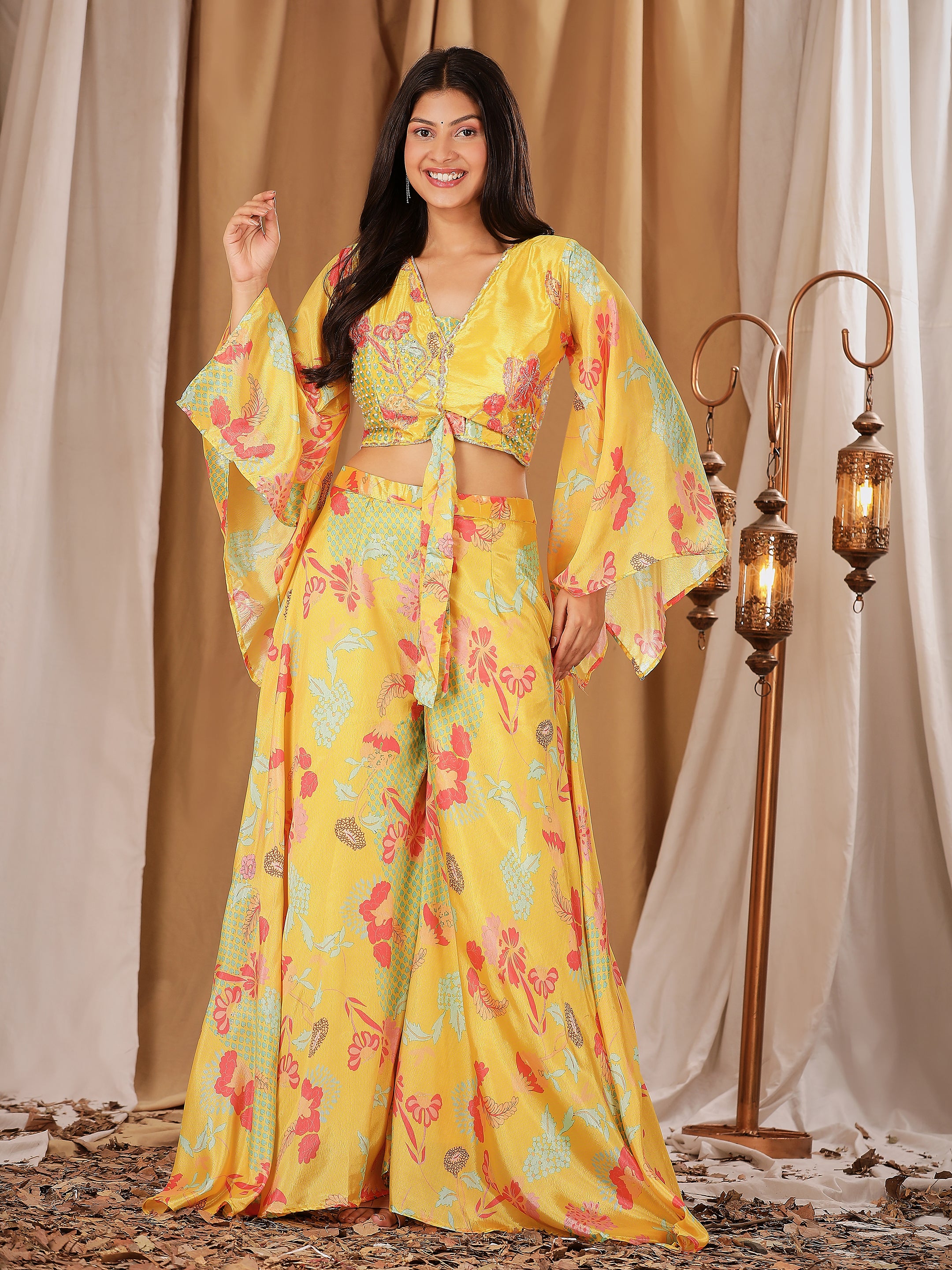 Yellow Colour Ready-to-Wear Chiffon Crop Top Floral Printed & Embroidered Work With Paplon Style