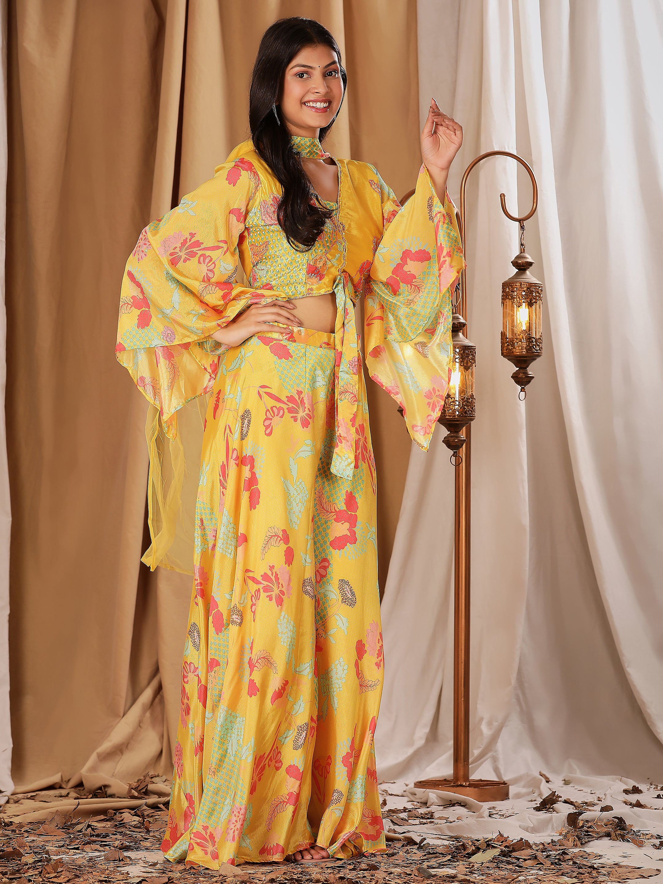 Yellow Colour Ready-to-Wear Chiffon Crop Top Floral Printed & Embroidered Work With Paplon Style