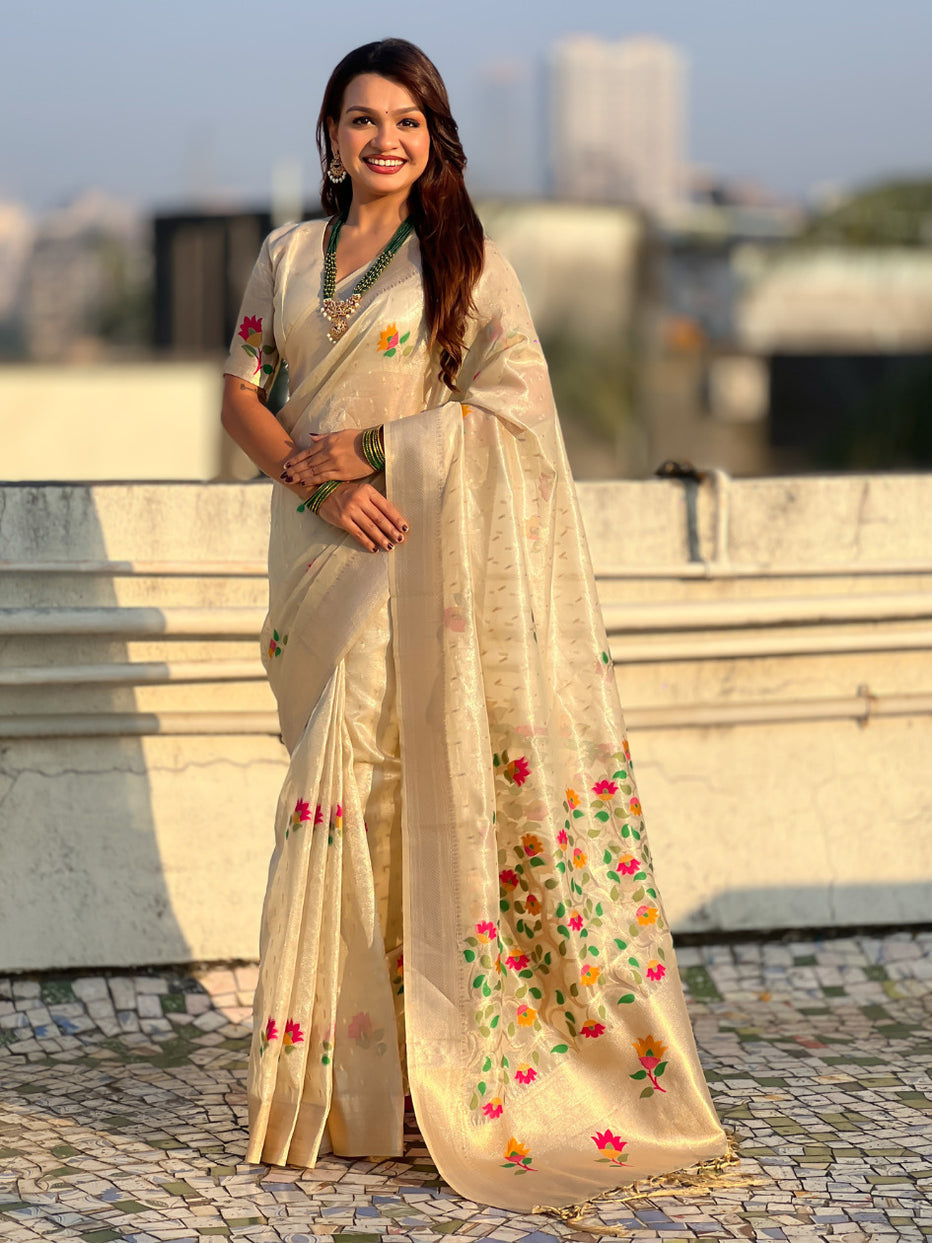 Cream Pure Organza Silk Meenakari Jamdani Zari Woven Organza Saree