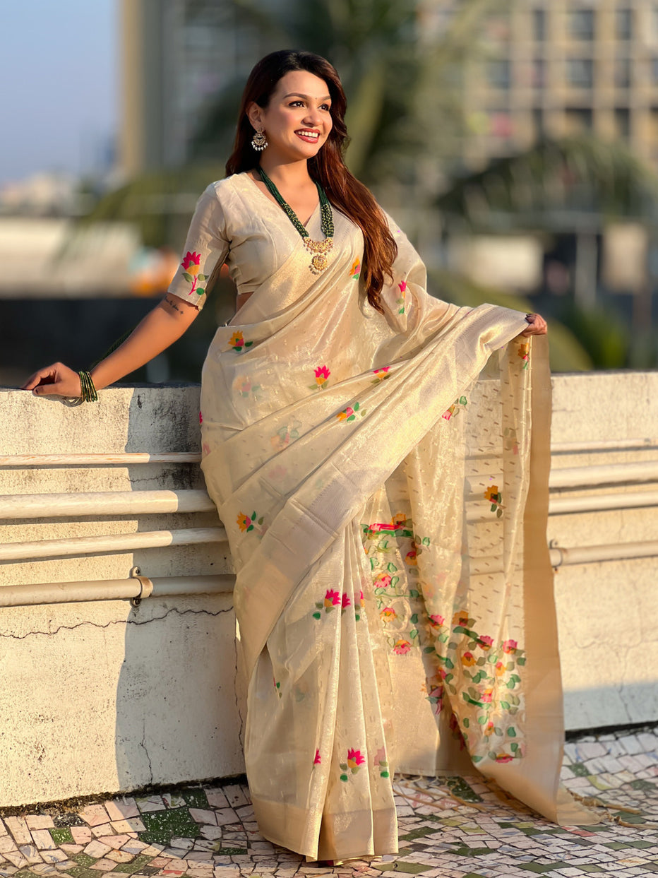Cream Pure Organza Silk Meenakari Jamdani Zari Woven Organza Saree