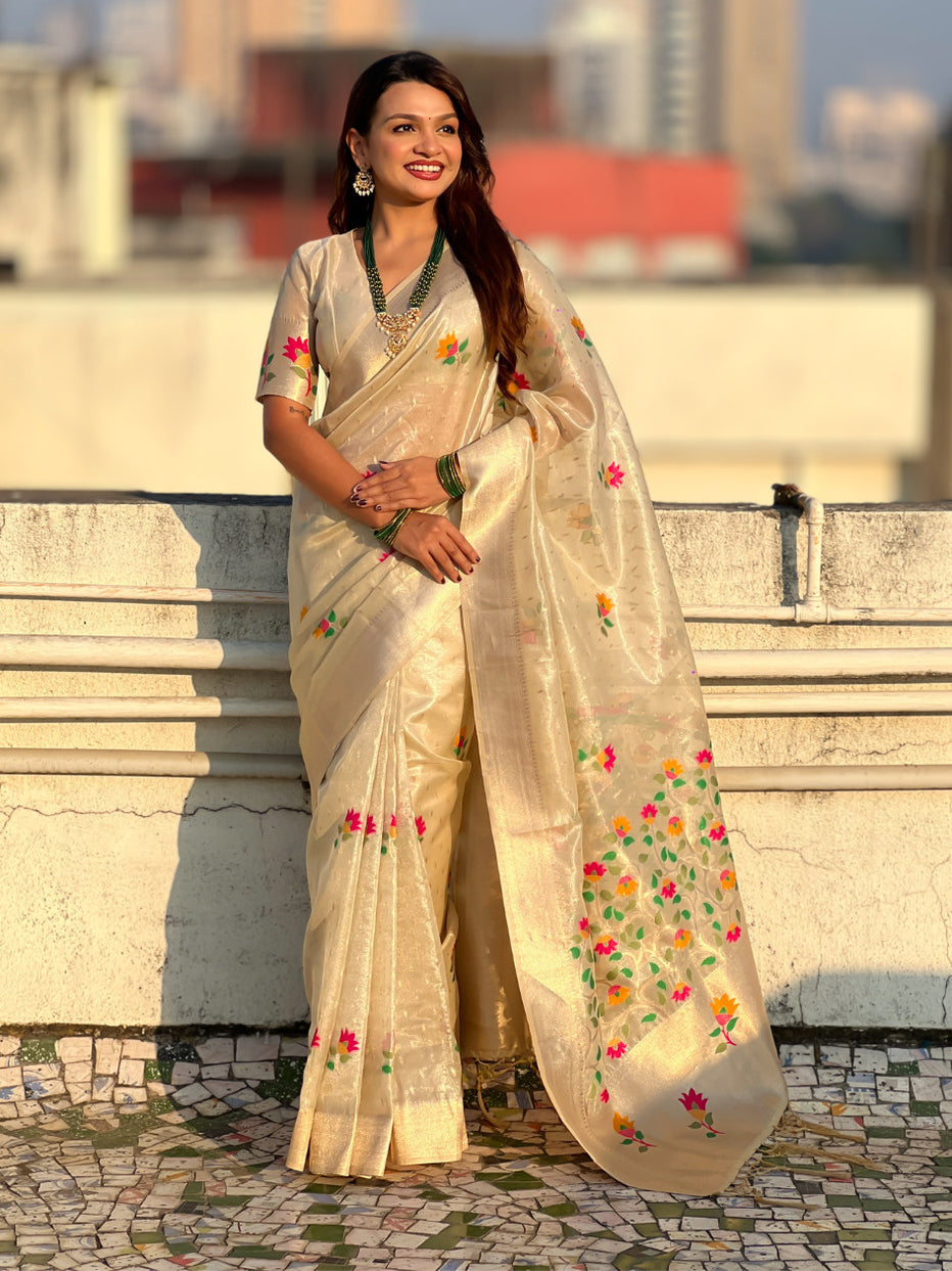 Cream Pure Organza Silk Meenakari Jamdani Zari Woven Organza Saree
