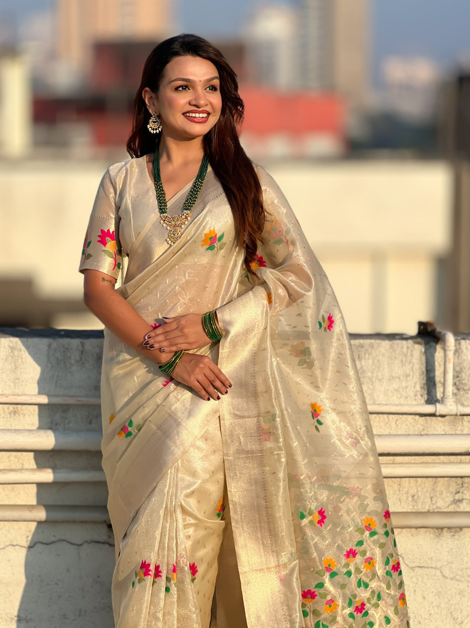 Cream Pure Organza Silk Meenakari Jamdani Zari Woven Organza Saree