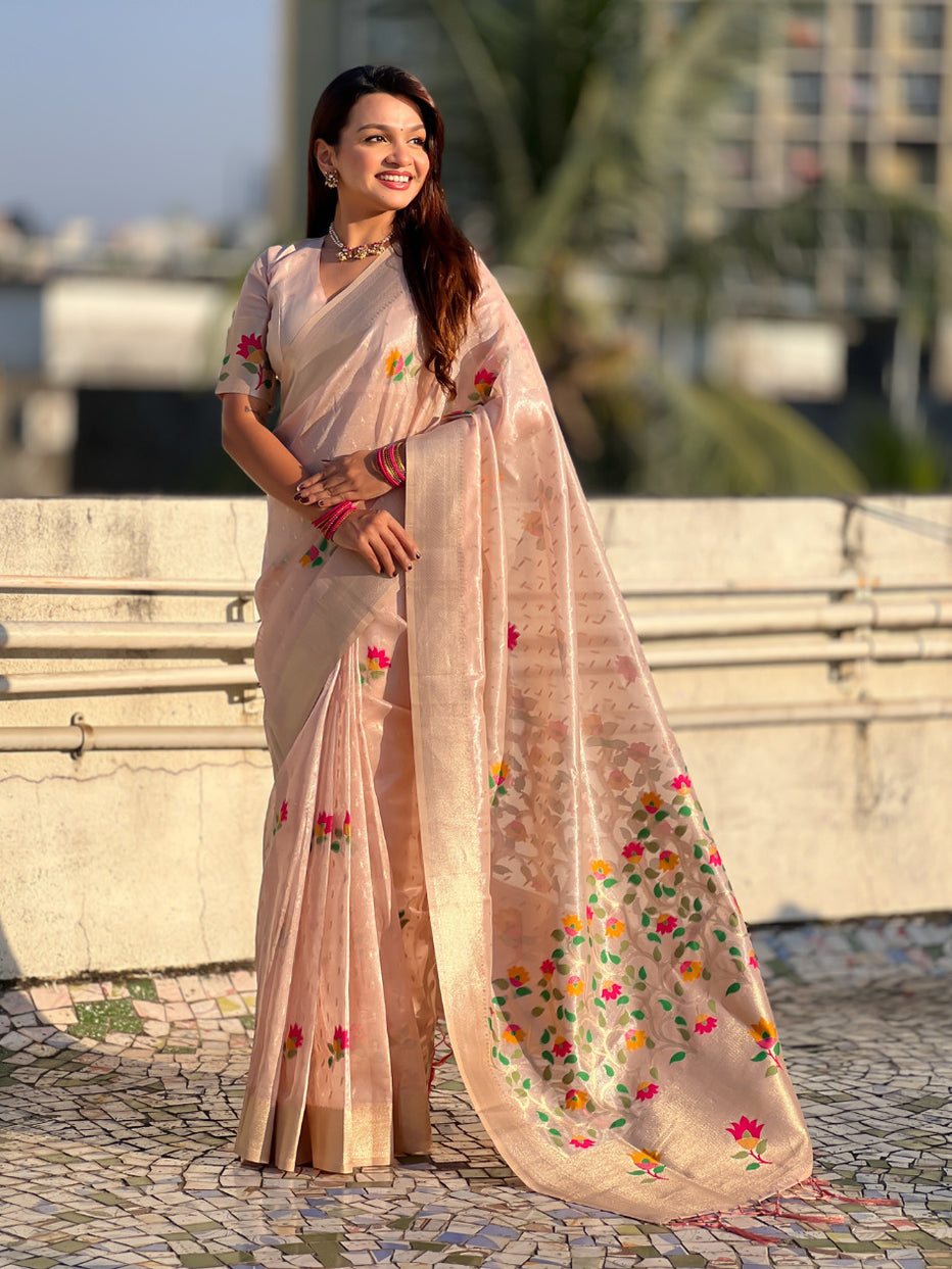Pink Organza Silk Meenakari Jamdani Zari Woven Organza Saree
