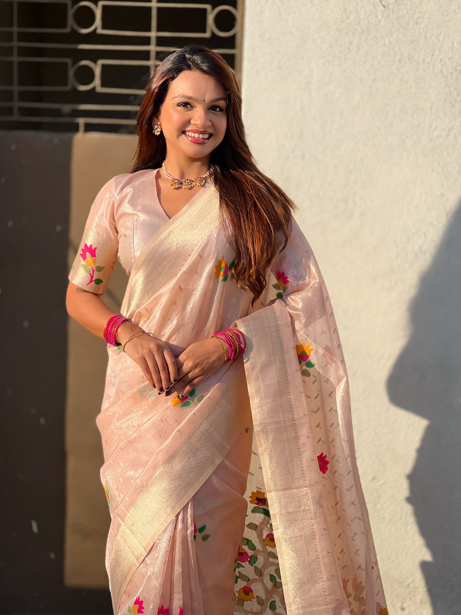 Pink Organza Silk Meenakari Jamdani Zari Woven Organza Saree