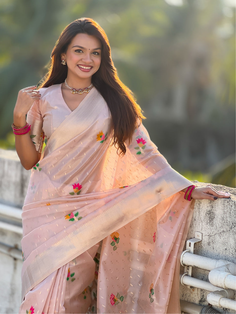 Pink Organza Silk Meenakari Jamdani Zari Woven Organza Saree
