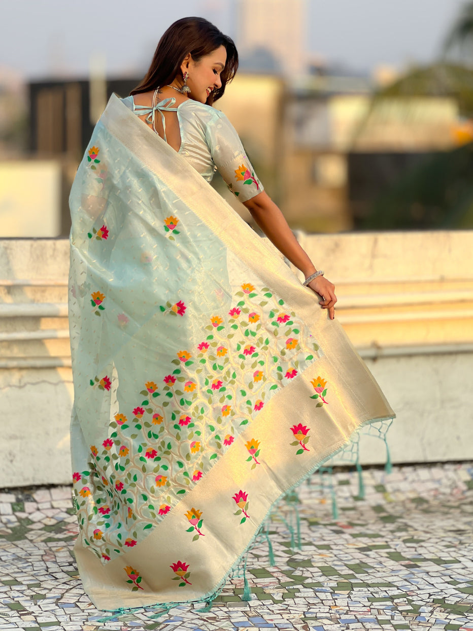 Sky Pure Organza Silk Meenakari Jamdani Zari Woven Organza Saree