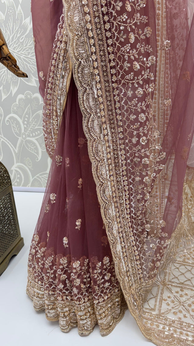 Wine Pure Premium Net Handwork Kasti & Motif Zari Metallic Sequins Work Wedding Saree
