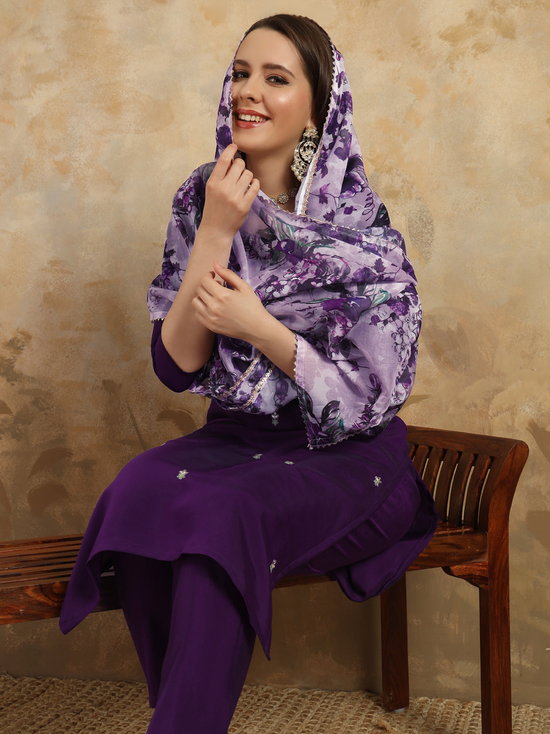 Deep Purple Chanderi Kurti Set with Floral Printed Tebby Dupatta