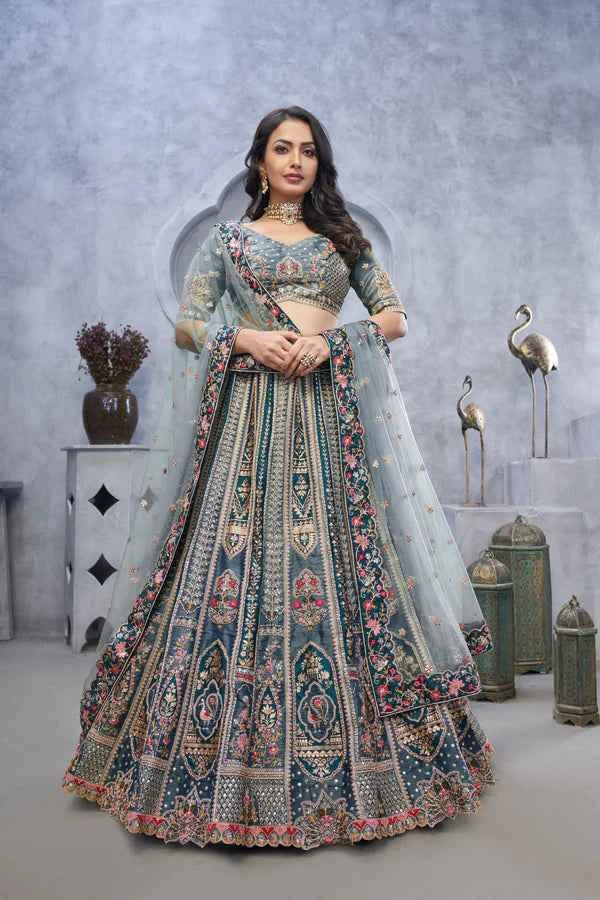 Grey Banarasi Silk Lehenga Choli with Heavy Thread & Sequin Embroidery
