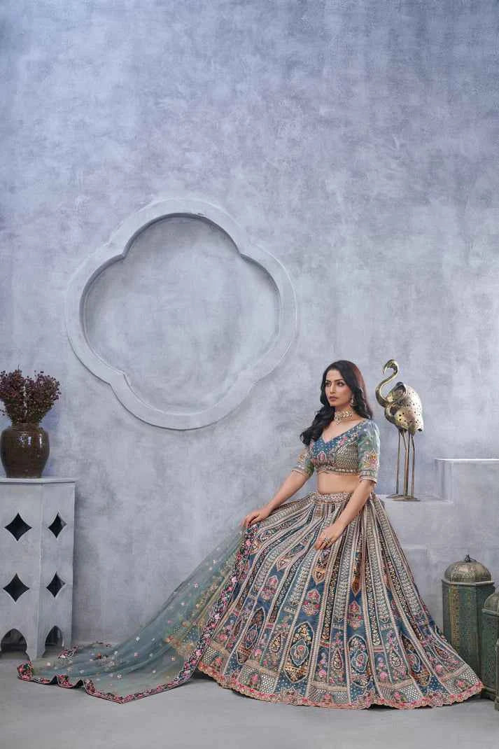 Grey Banarasi Silk Lehenga Choli with Heavy Thread & Sequin Embroidery
