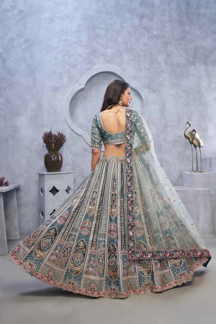 Grey Banarasi Silk Lehenga Choli with Heavy Thread & Sequin Embroidery