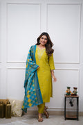 Mustard Yellow Viscose Chanderi Kurti Set with Dupatta