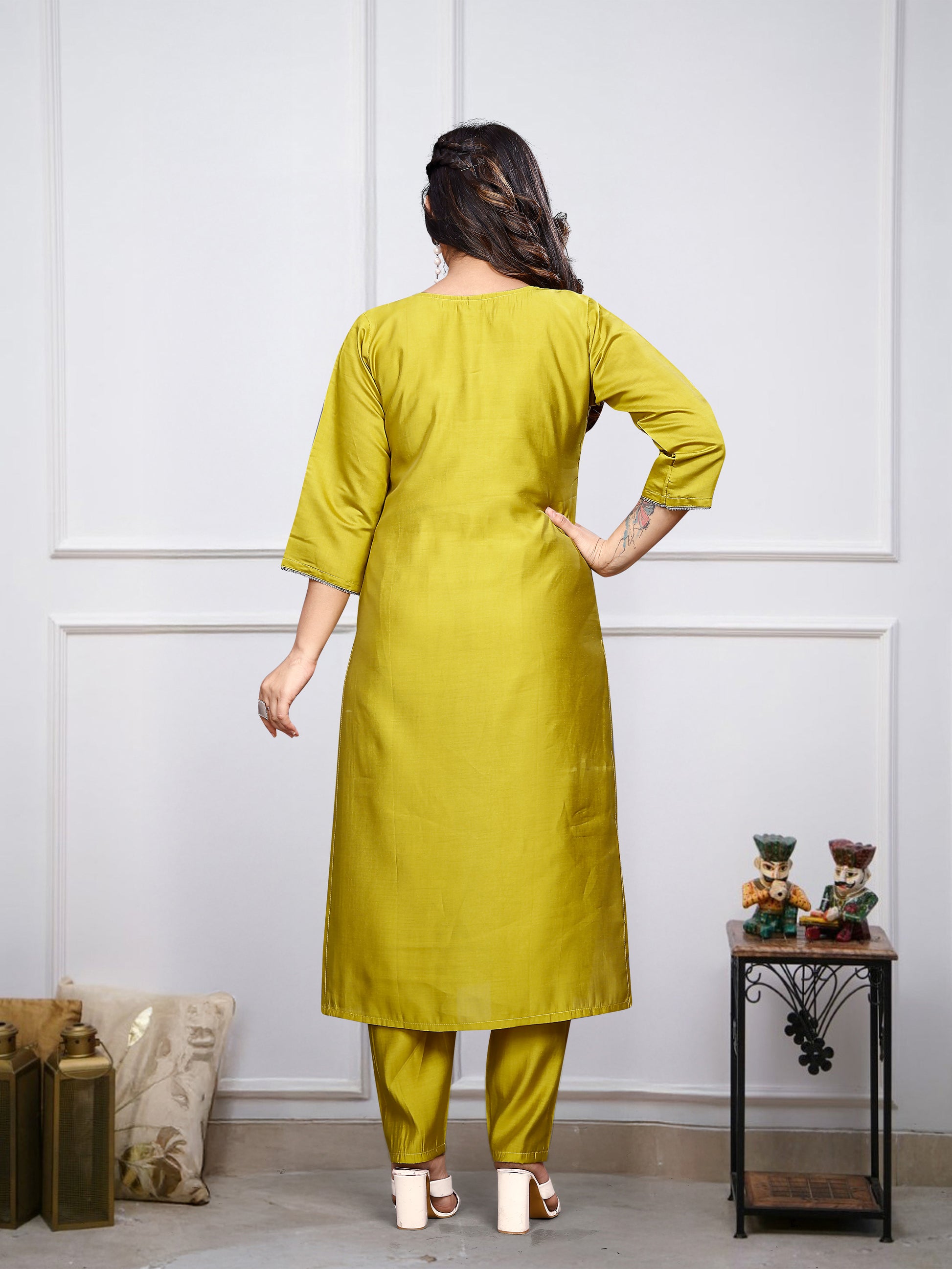 Mustard Yellow Viscose Chanderi Kurti Set with Dupatta