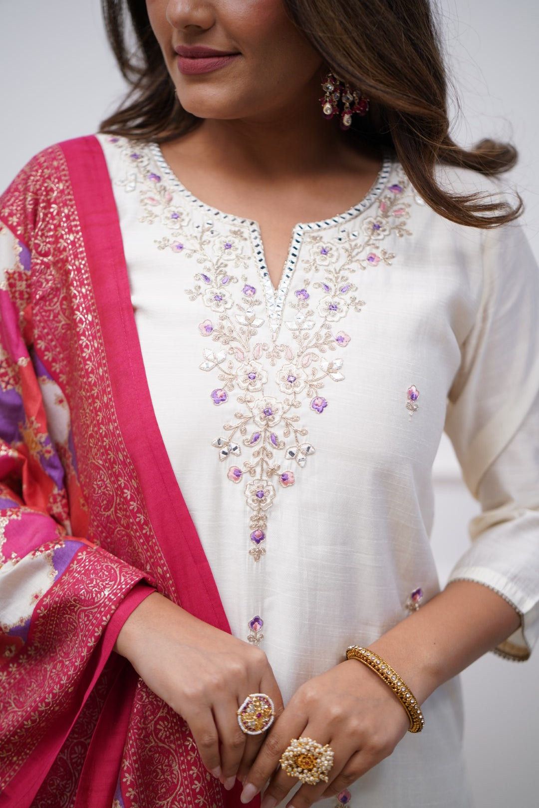 White Viscose Chanderi Kurti Set with Embroidered Dupatta