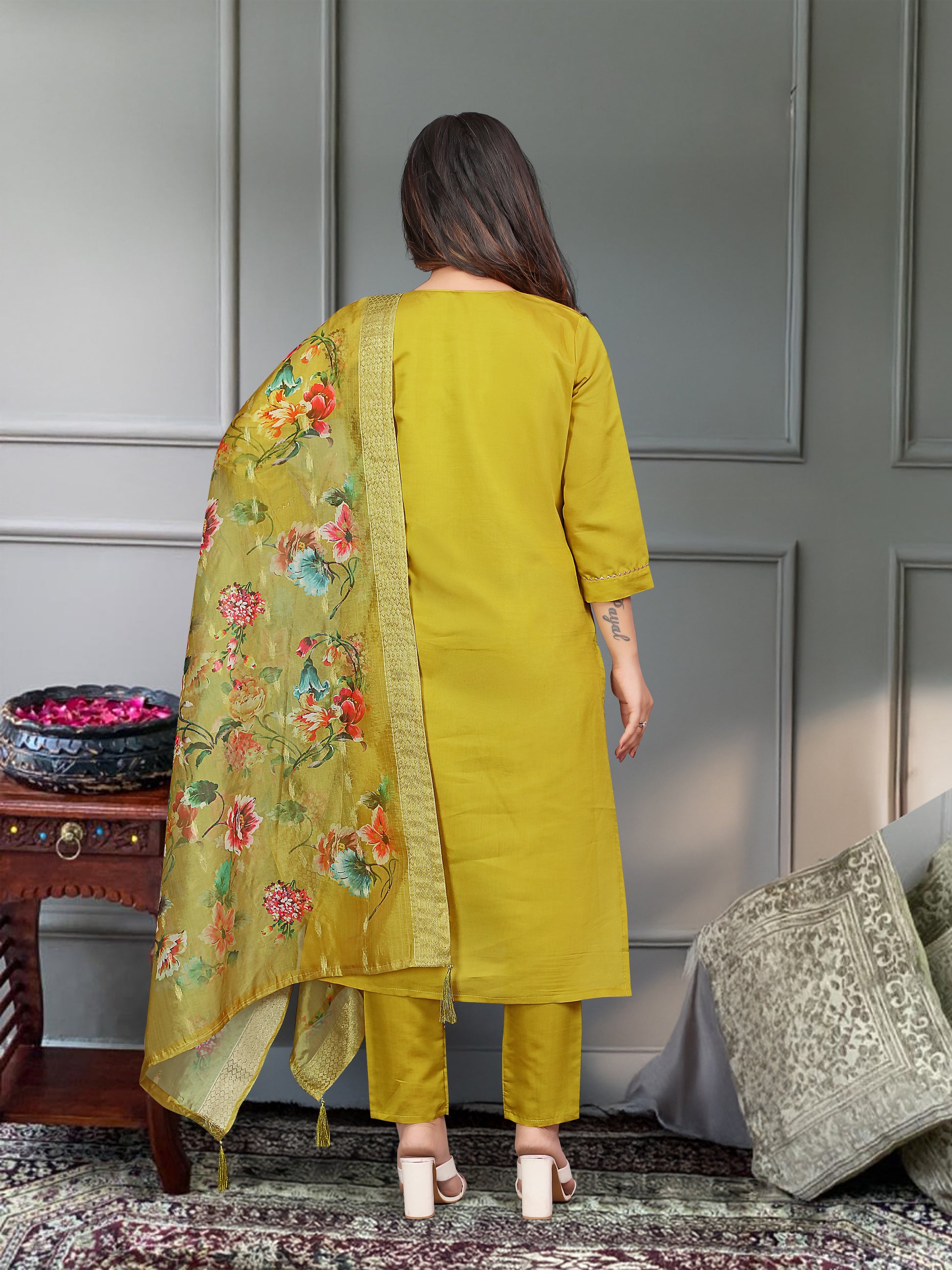 Yellow Viscose Chanderi Kurti Set with Jacquard Butti Dupatta