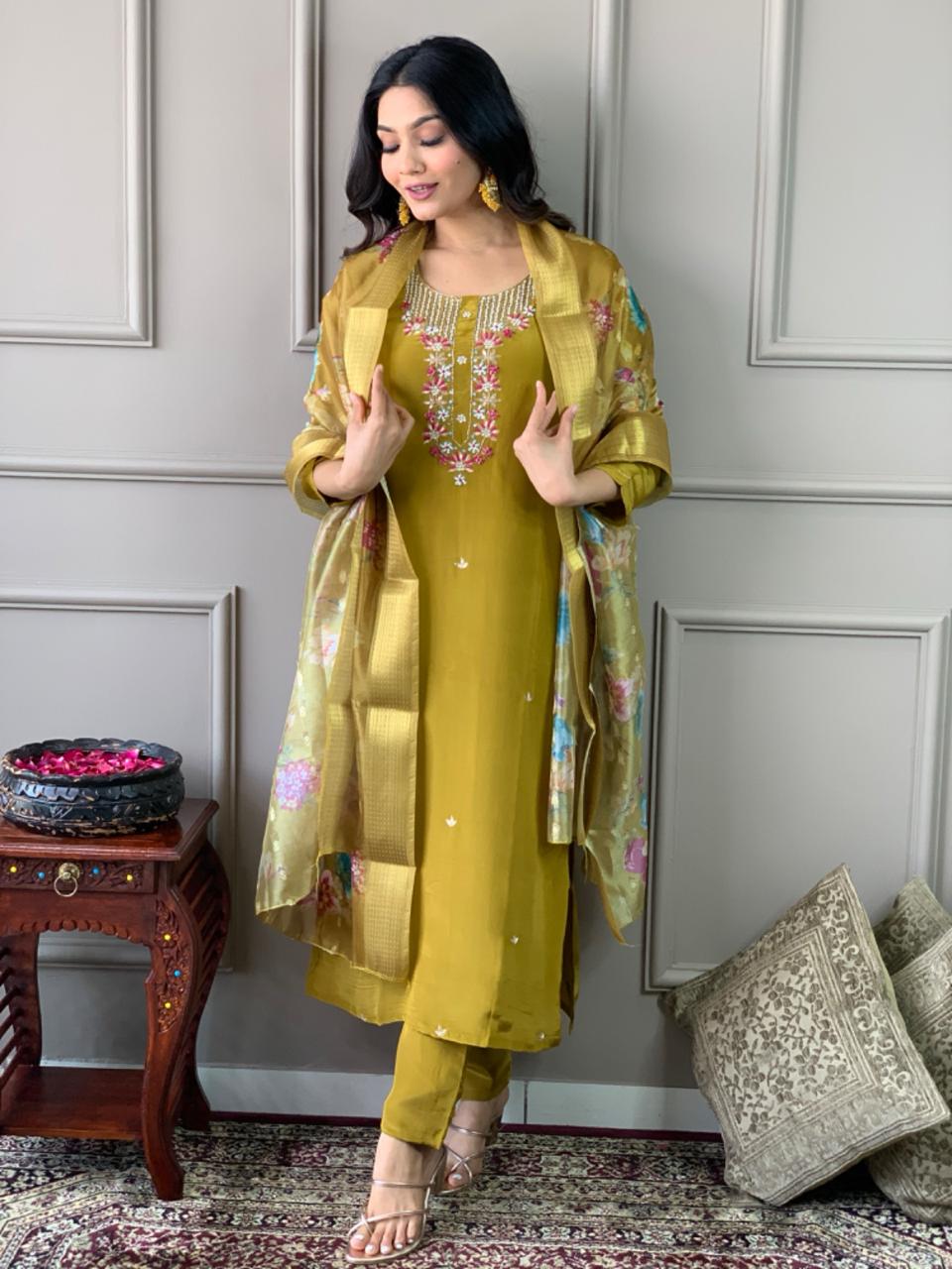 Yellow Viscose Chanderi Kurti Set with Jacquard Butti Dupatta